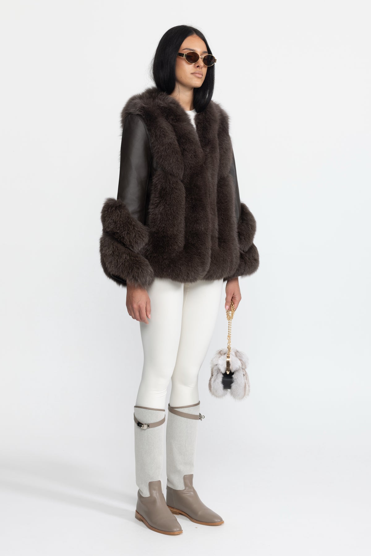 Jachetă shearling cu panou din blană de vulpe - Chocolate