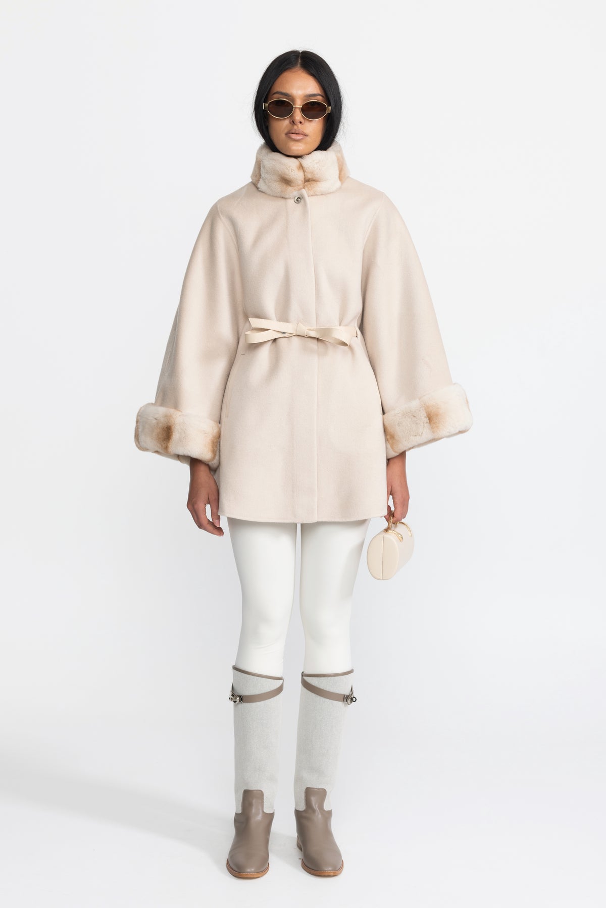 Belted Wool&Cashmere Cape Coat with Chinchilla Rex Fur Collar and Cuffs - Ivoire