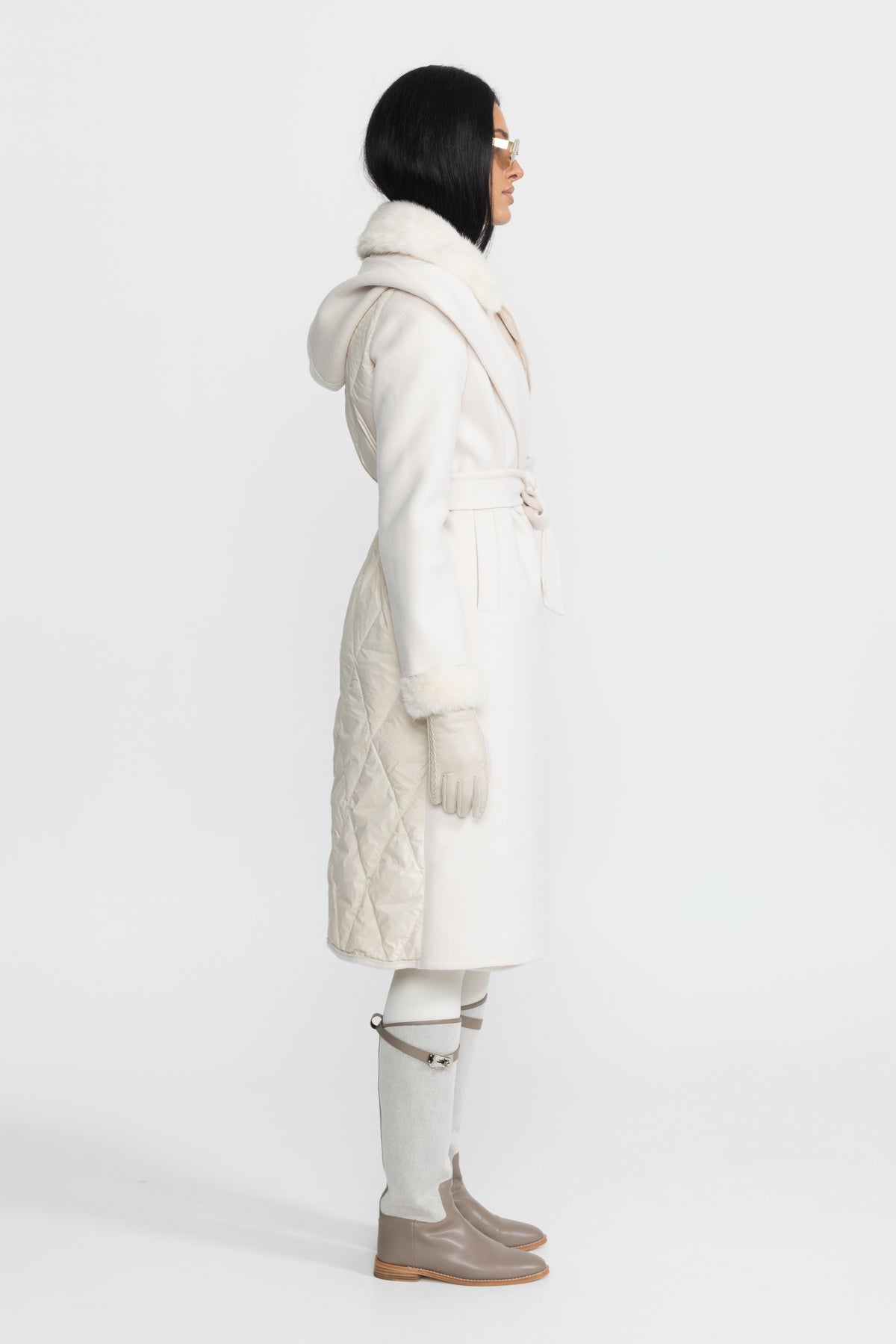 Quilted Back Hooded Wool Wrap Coat with Mink Fur - Ivoire
