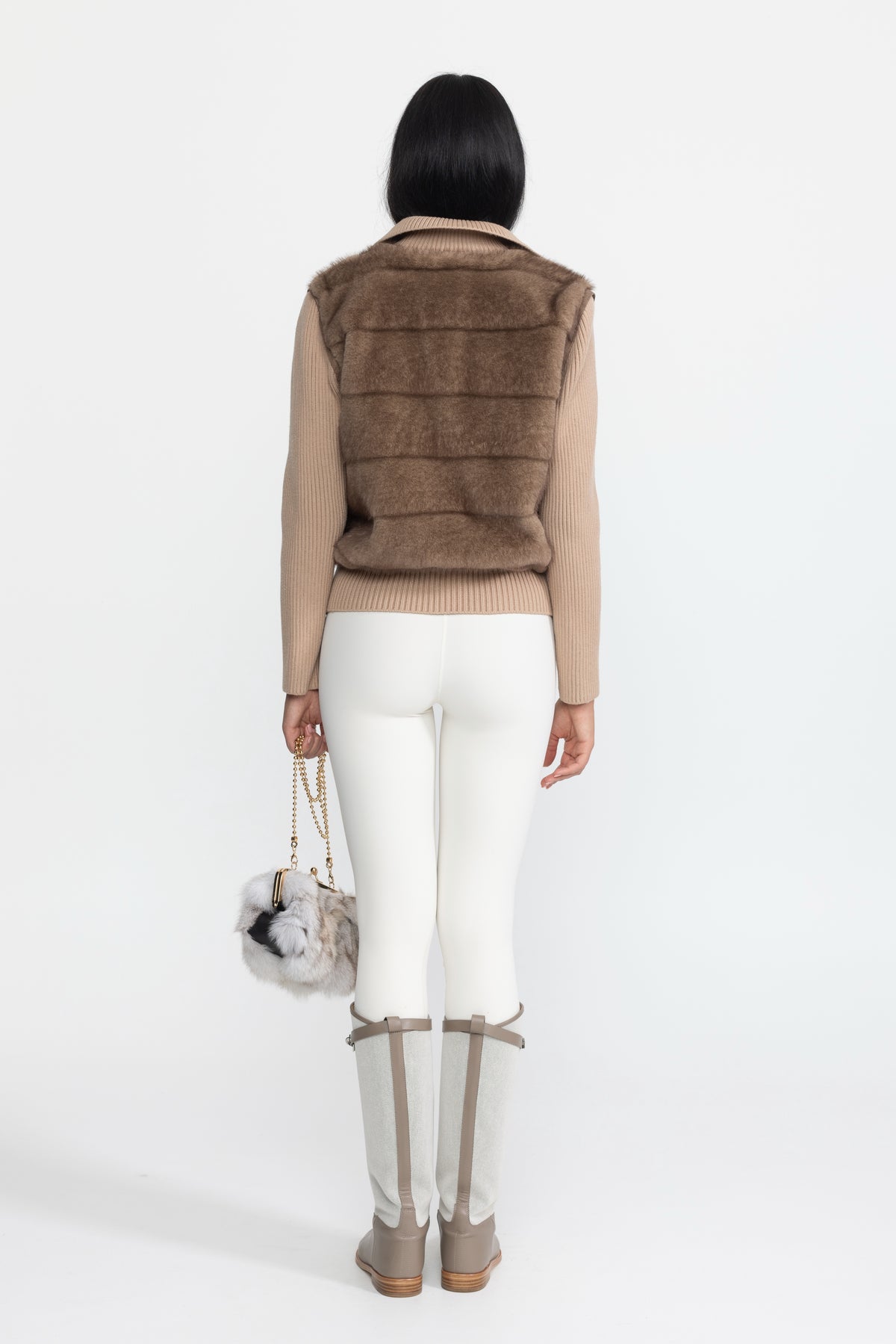 Jachetă cu fermoar și mâneci tricotate Plush Panel - Mocha