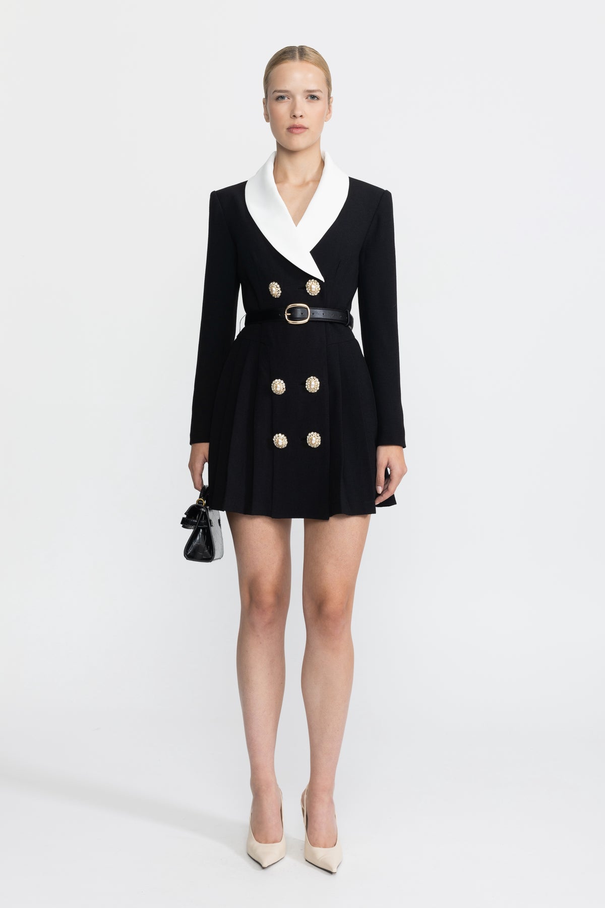 Rochie mini tip blazer cu revere contrastante, cordon și pliuri - Negru