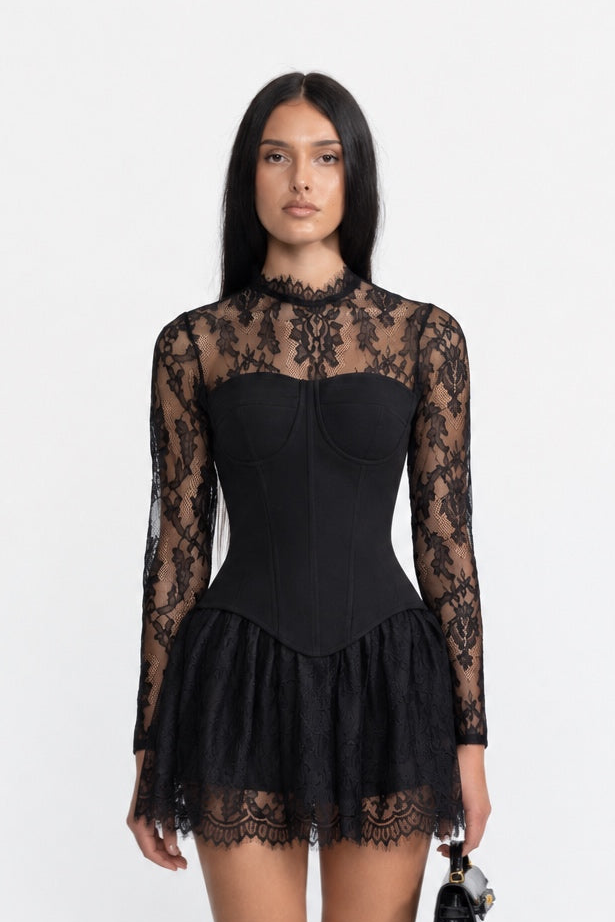Lace Yoke Corset Mini Dress with Lace Ruffle Skirt - Black