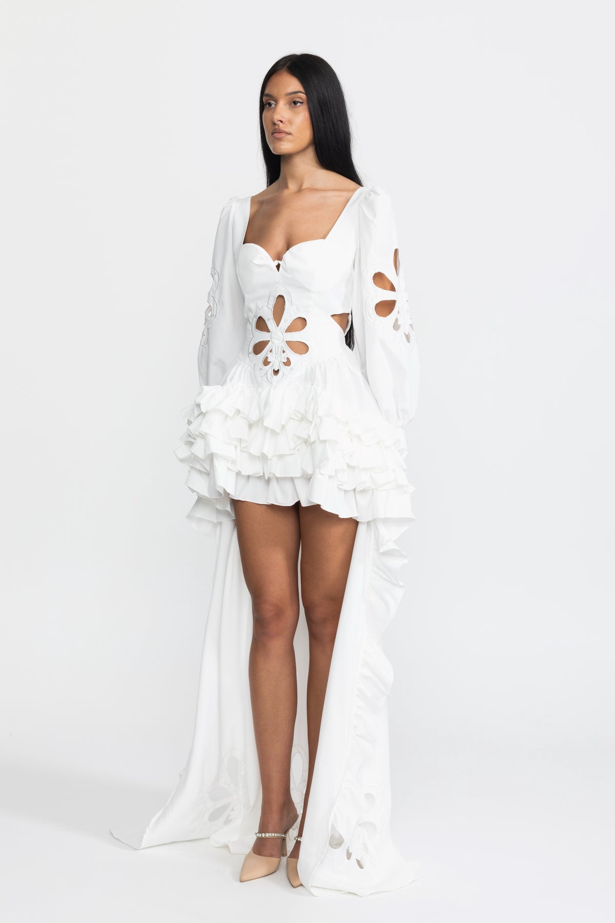 Embroidered Cutout Puff Sleeve High-Low Ruffle Gown - White