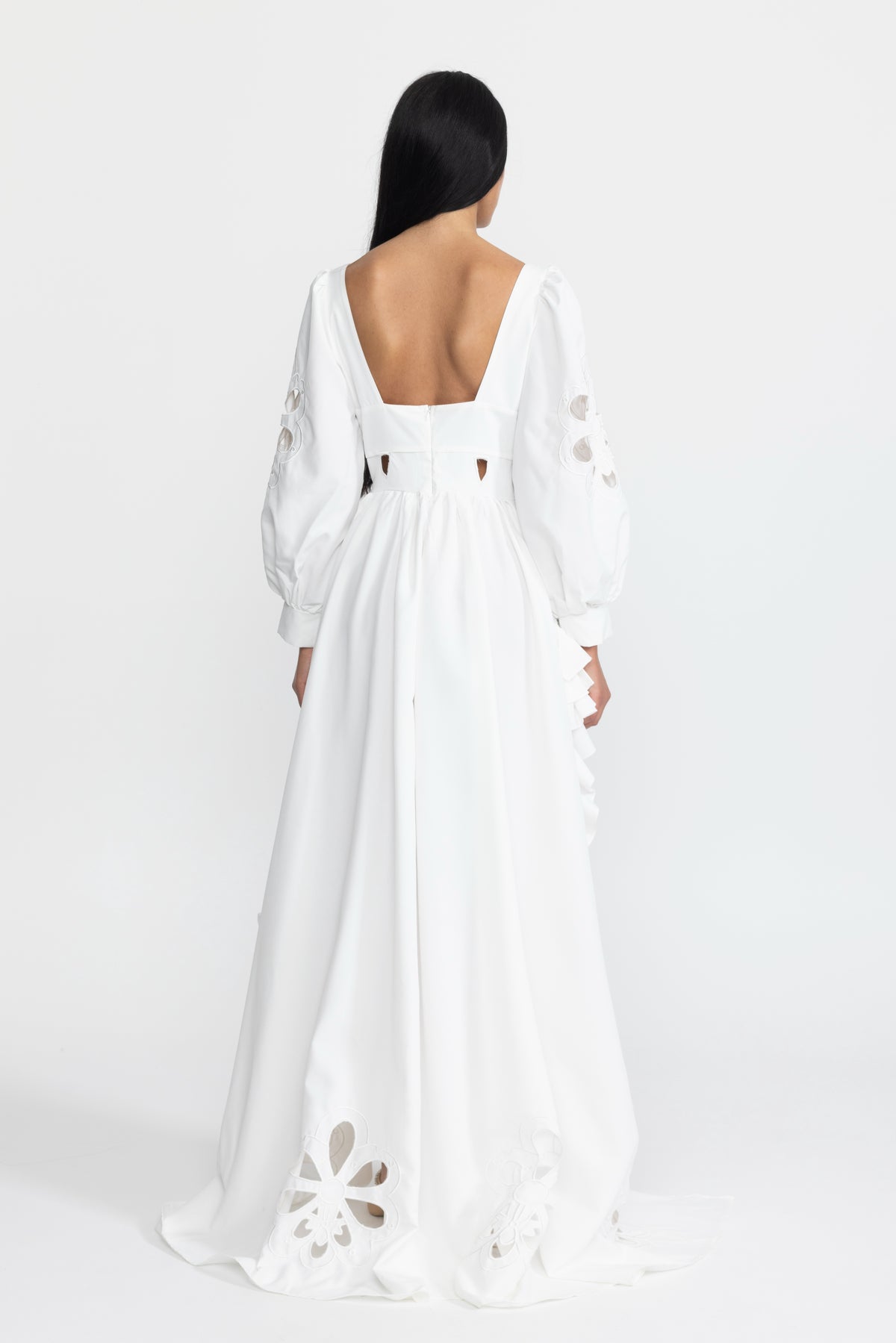 Embroidered Cutout Puff Sleeve High-Low Ruffle Gown - White