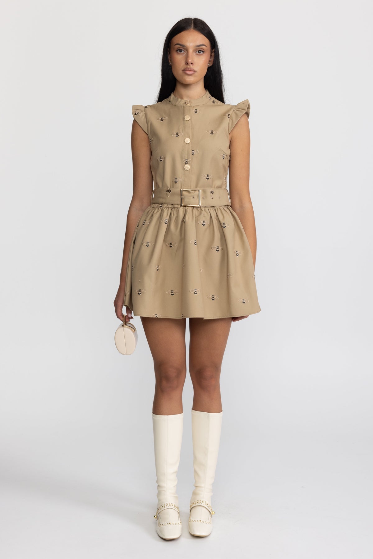 Bee Embroidered Belted Cotton Mini Dress - Khaki