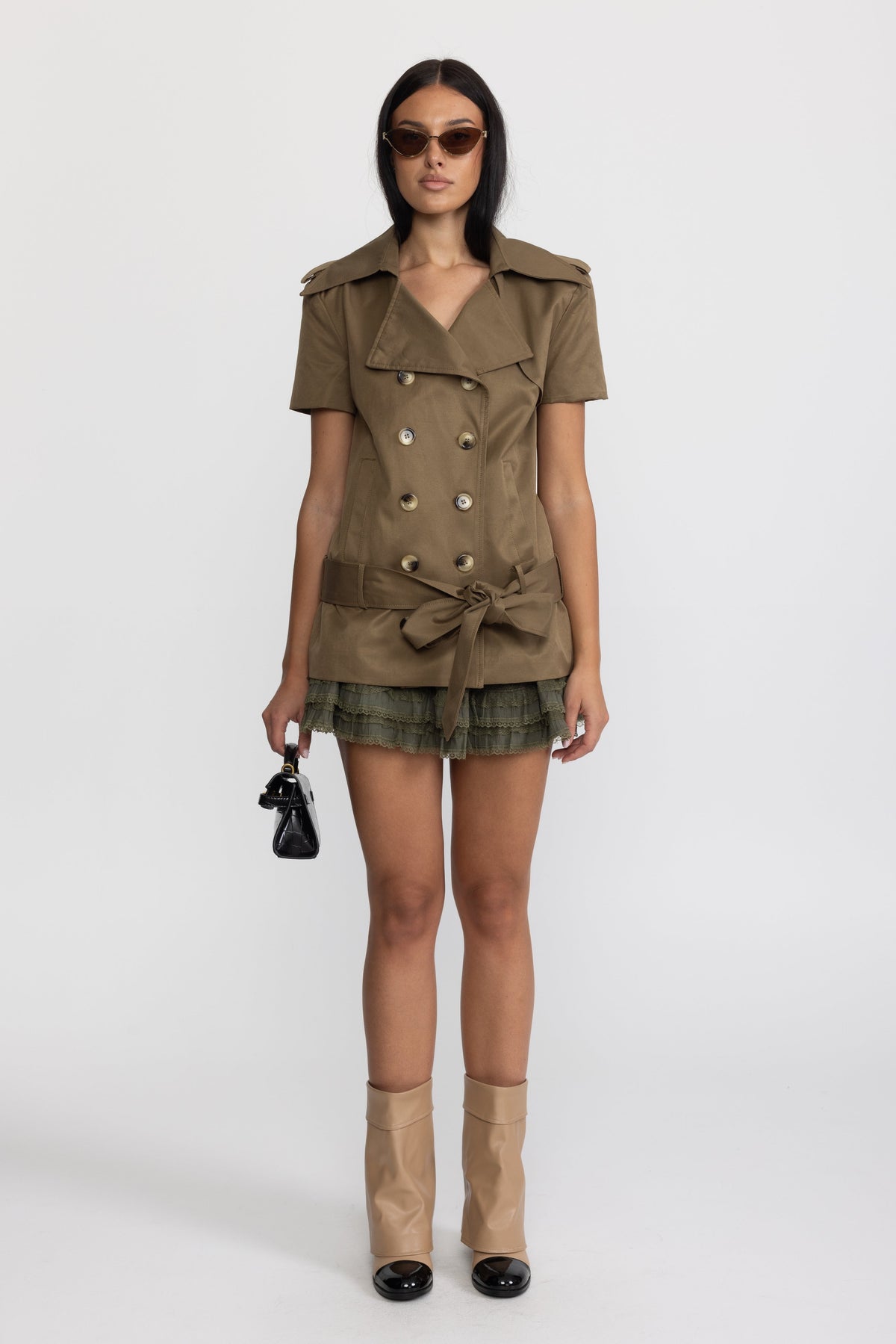 Trench Top and Ruffle Hem Mini Skirt Co-ord Set - Olive