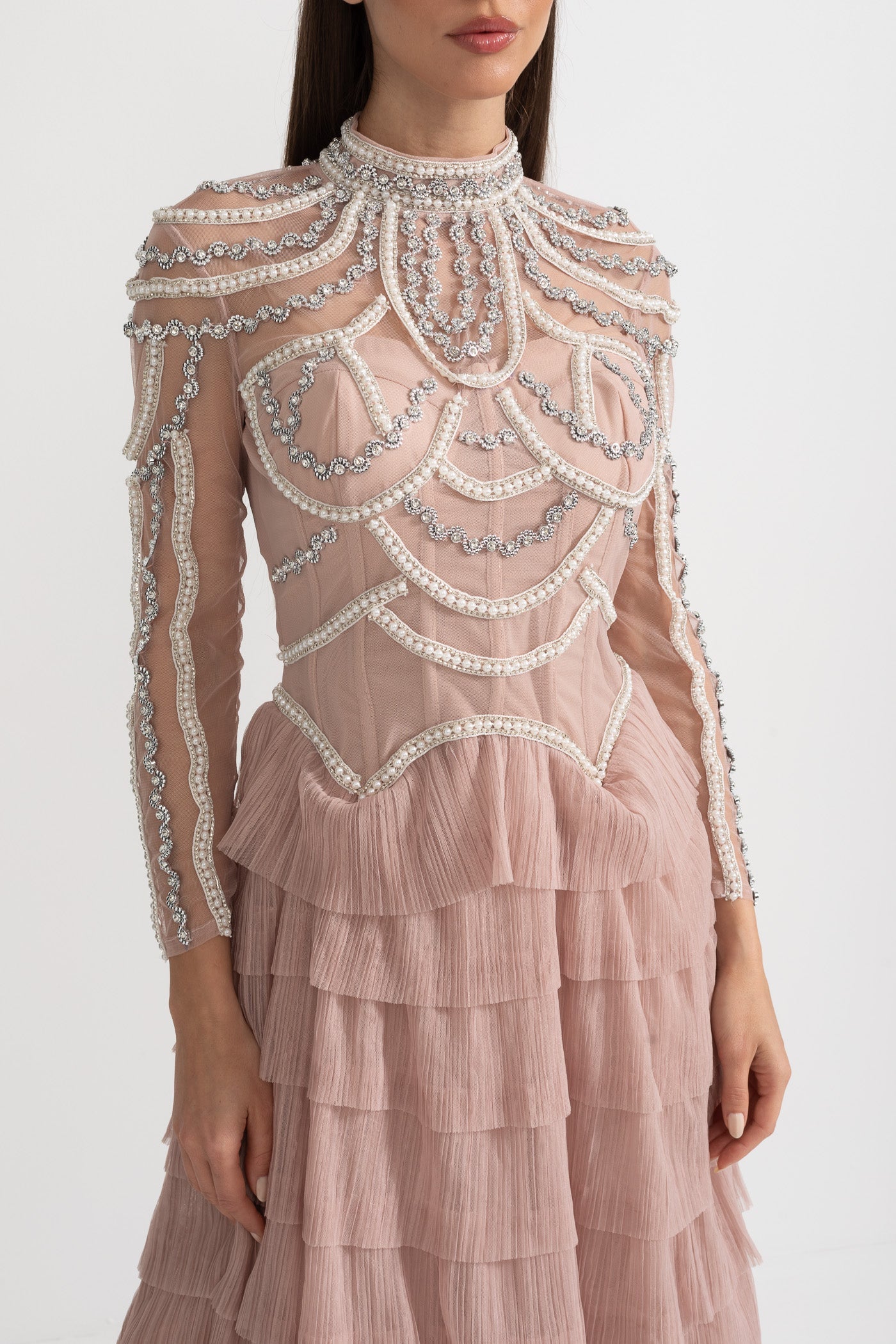 Elegant Long Sleeved Dress With Layered Ruffled Skirt And Intricate Sparkling Embellishments - Pink