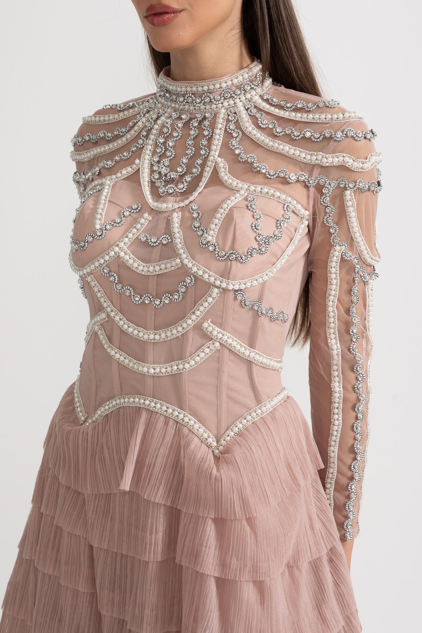 Elegant Long Sleeved Dress With Layered Ruffled Skirt And Intricate Sparkling Embellishments - Pink