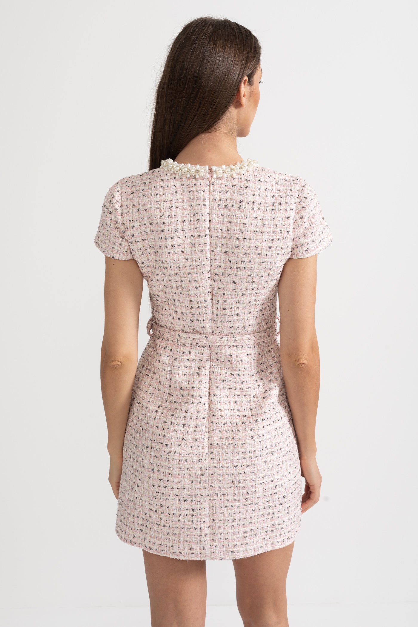 Elegant Textured Mini Dress With Short Sleeves And Matching Belt - Pink