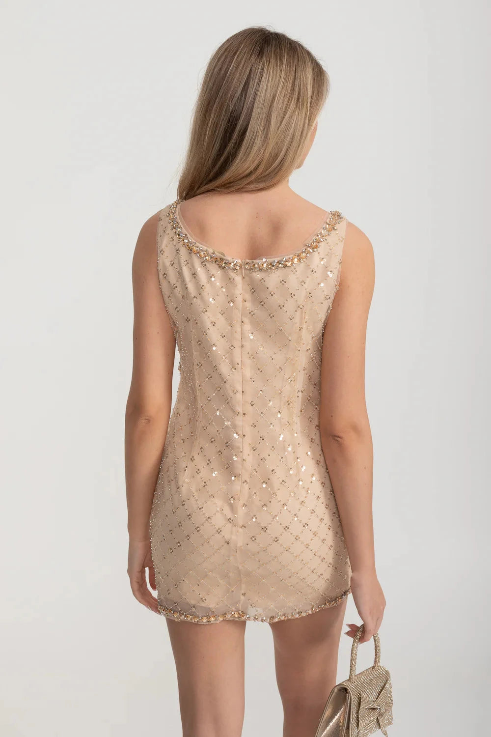Fitted Mini Dress With Diamond Pattern And Sequin Embellishments - Gold