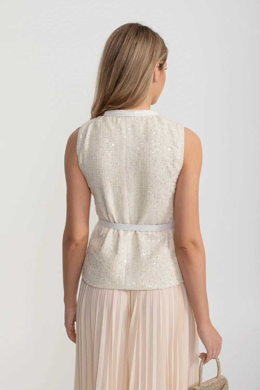 Set texturat cu buzunare frontale și fustă plisată transparentă - Ivoire