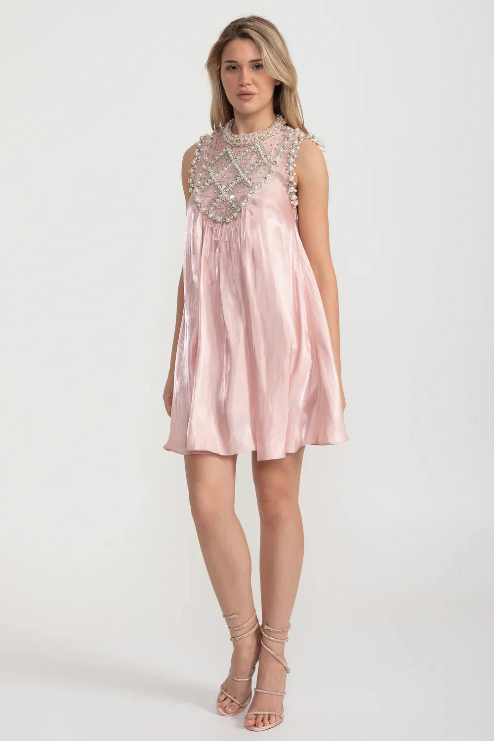 Rochie elegantă fără mâneci, croială A-line, cu decoruri sofisticate din perle și cristale - Roz