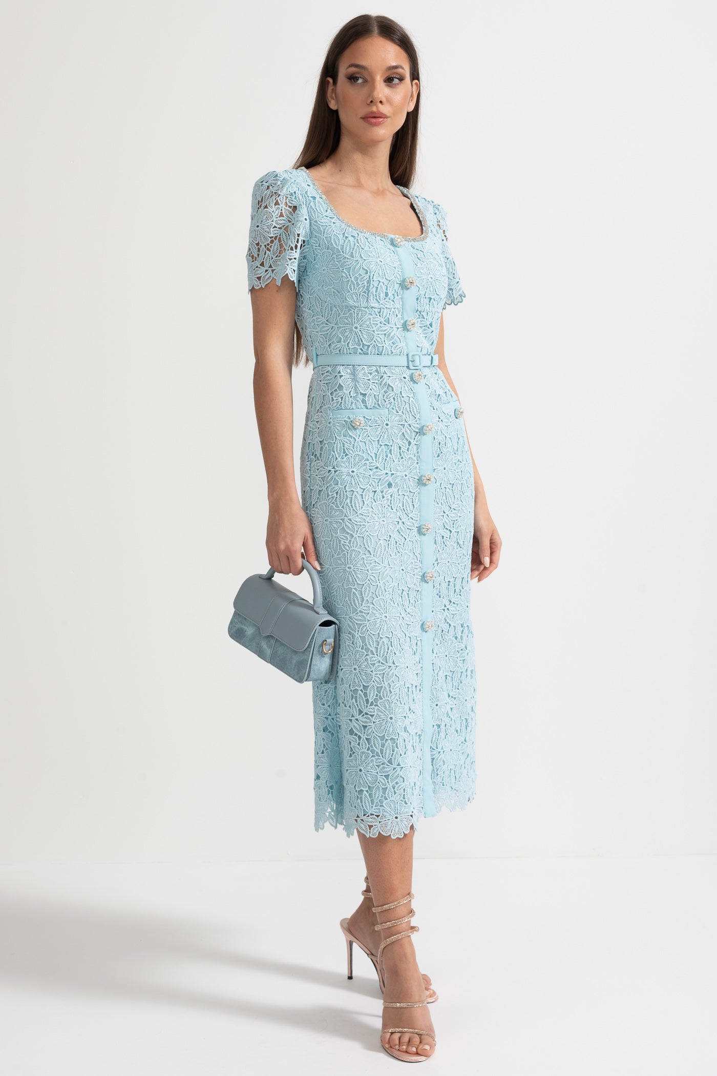 Rochie Midi Delicată din Dantelă Azure - Baby Blue