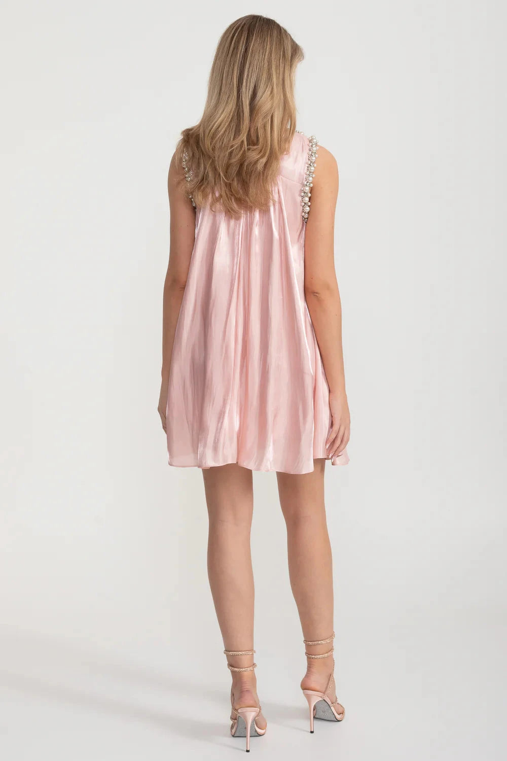 Rochie elegantă fără mâneci, croială A-line, cu decoruri sofisticate din perle și cristale - Roz