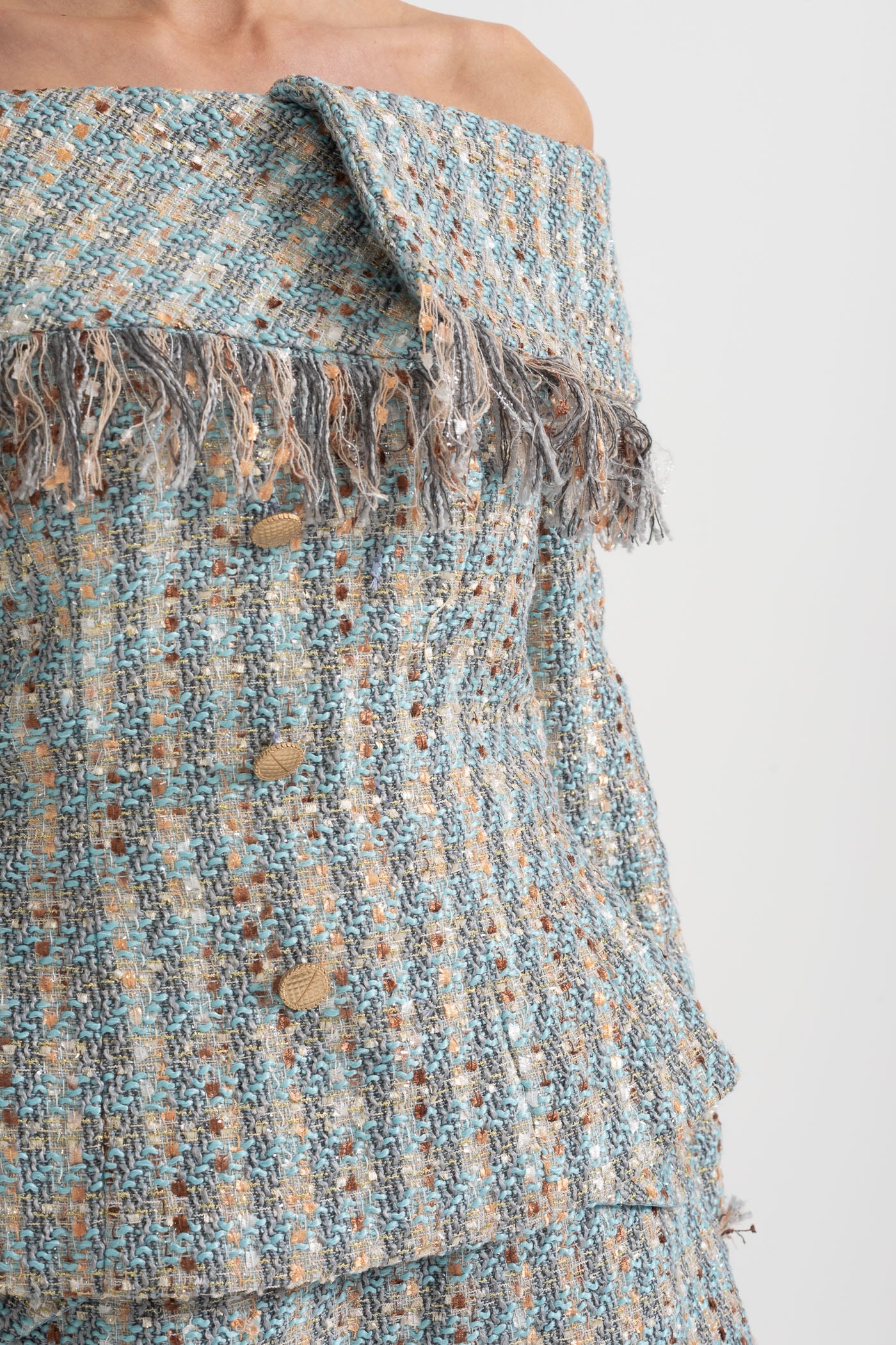 Set din Tweed în Carouri cu Top Decoltat și Fustă Mini Asortată - Blue