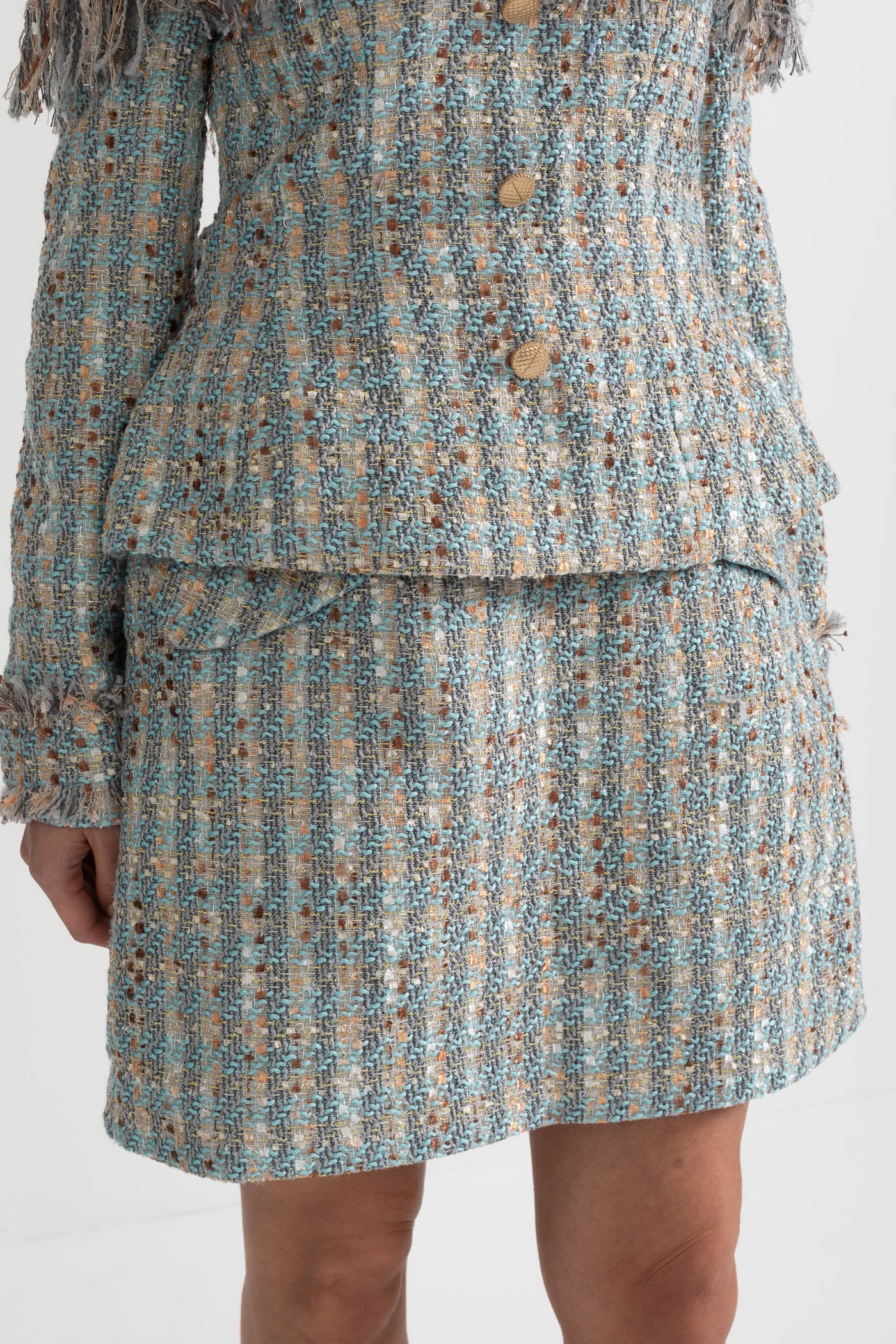 Set din Tweed în Carouri cu Top Decoltat și Fustă Mini Asortată - Blue