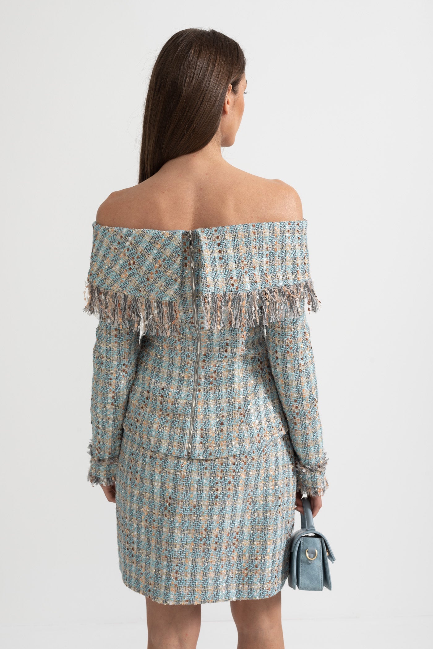 Set din Tweed în Carouri cu Top Decoltat și Fustă Mini Asortată - Blue