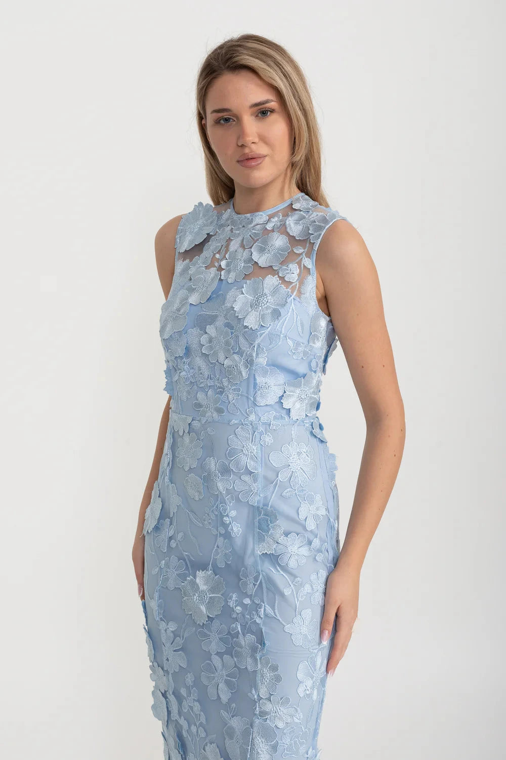 Sheer Dress With Fitted Waist And Floral Appliques - Light Blue
