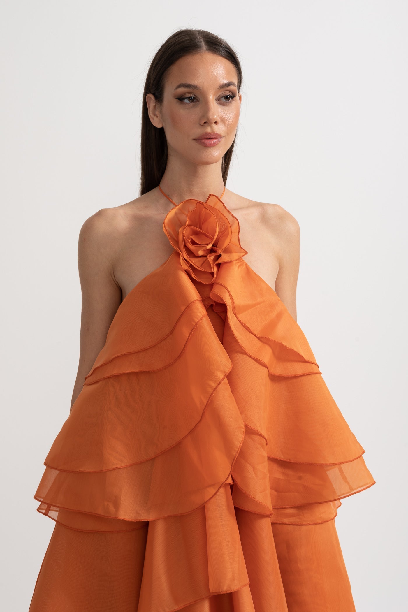 Layered Ruffle Halter Dress With Decorative Neckline Flower - Orange