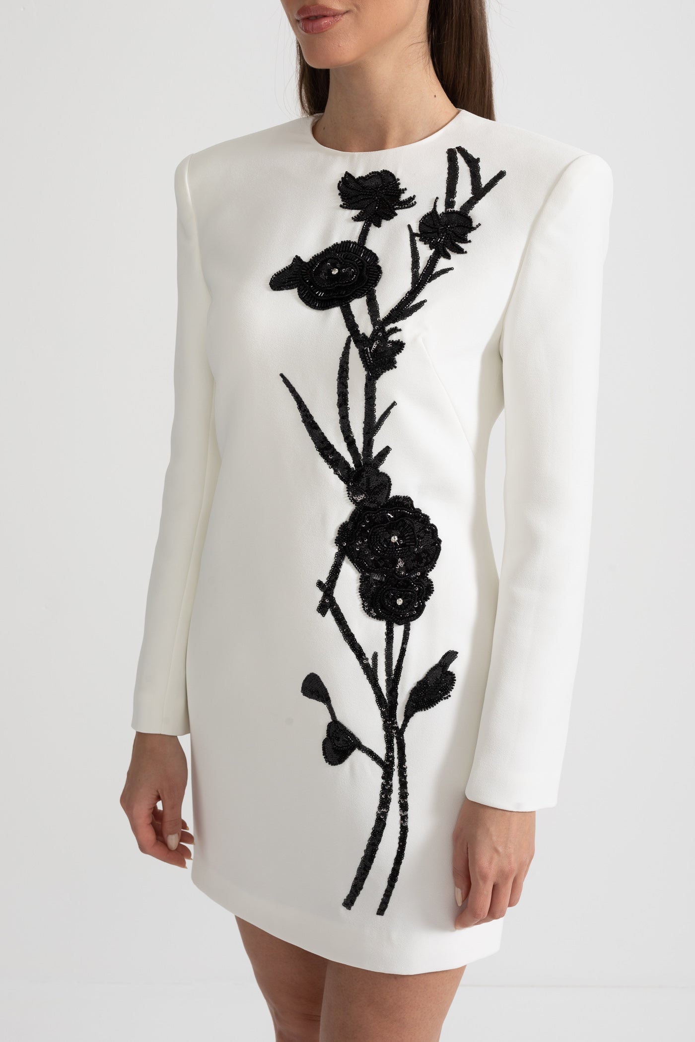 Long Sleeved Mini Dress With Contrasting Floral Embroidery - White