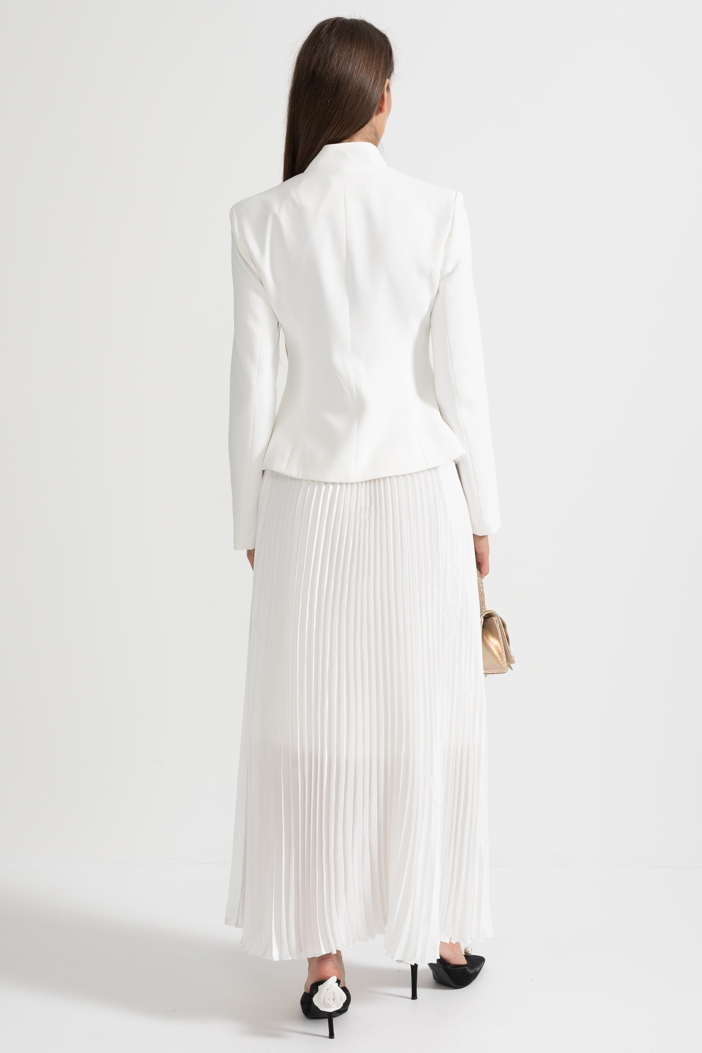 Pleated Skirt and Structured Jacket Co-Ord Set With Decorative Stitching - White