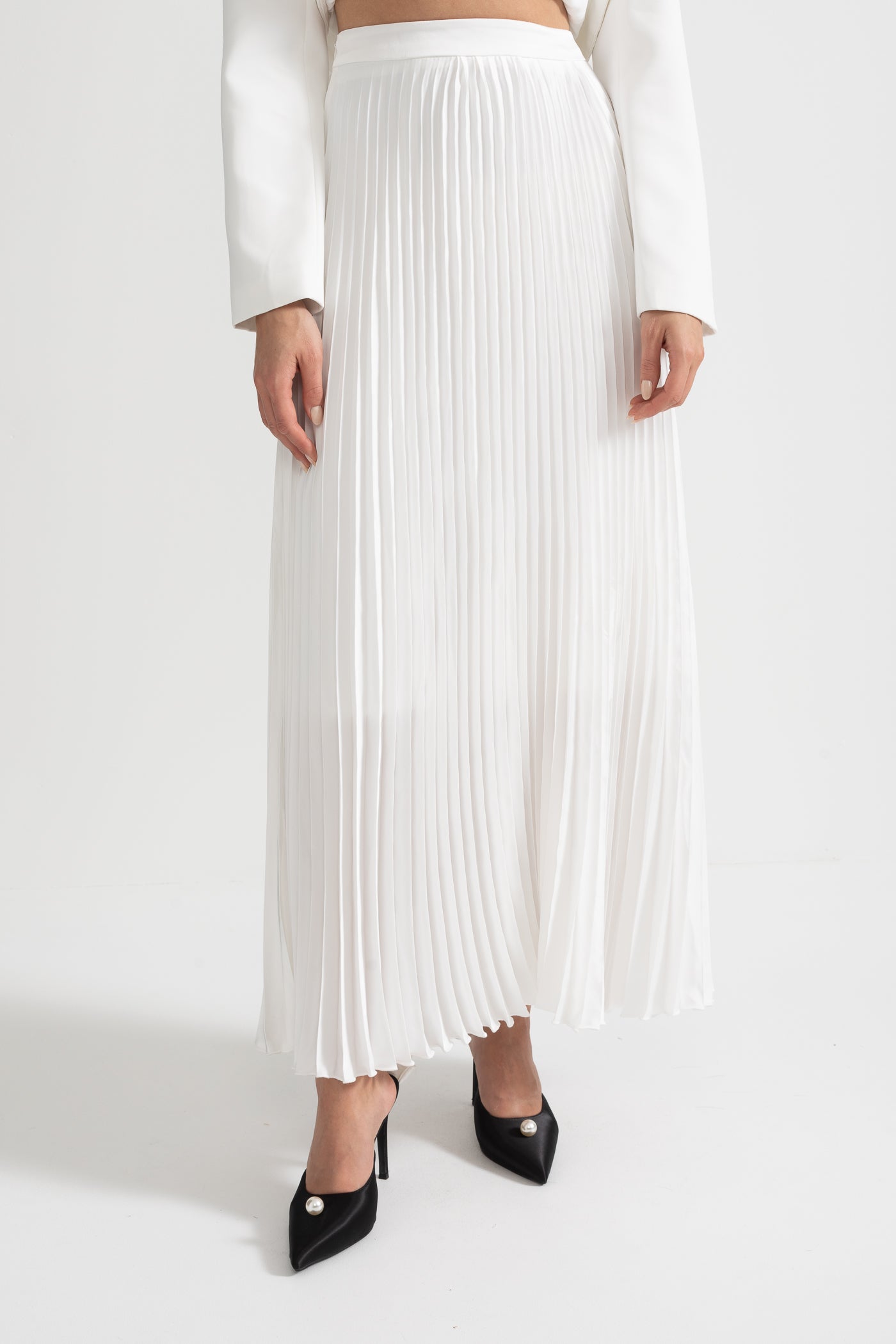 Pleated Skirt and Structured Jacket Co-Ord Set With Decorative Stitching - White