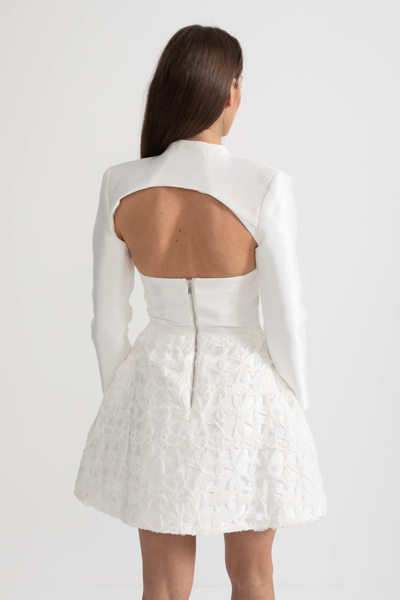 Textured Mini Dress with Detachable Sculptural Shoulder Bolero - White