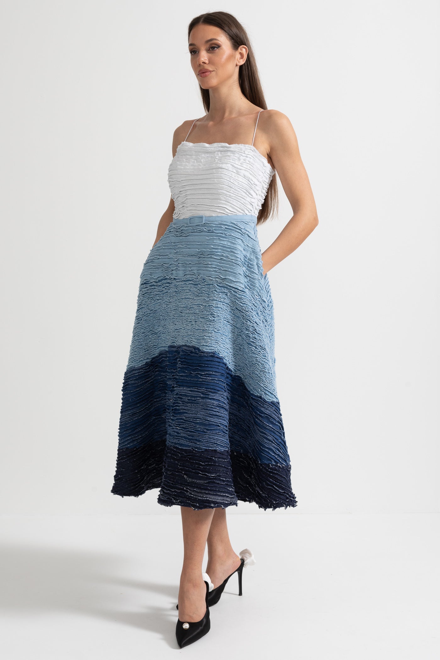 Rochie Midi Ombre cu Țesătură Stratificată Texturată - Alb/Blue