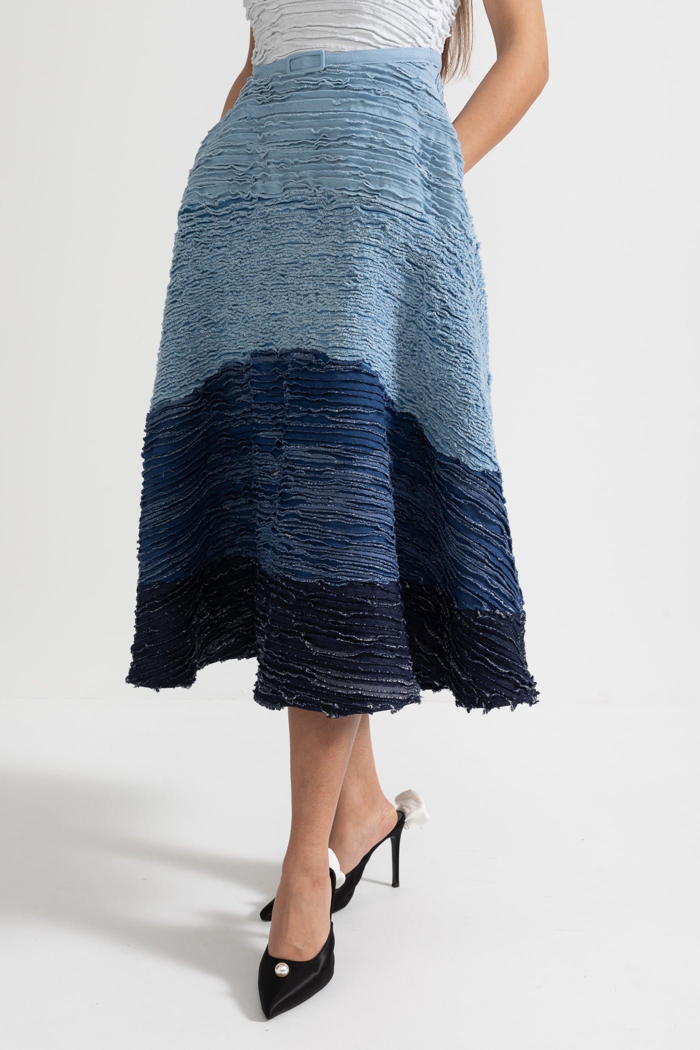 Rochie Midi Ombre cu Țesătură Stratificată Texturată - Alb/Blue