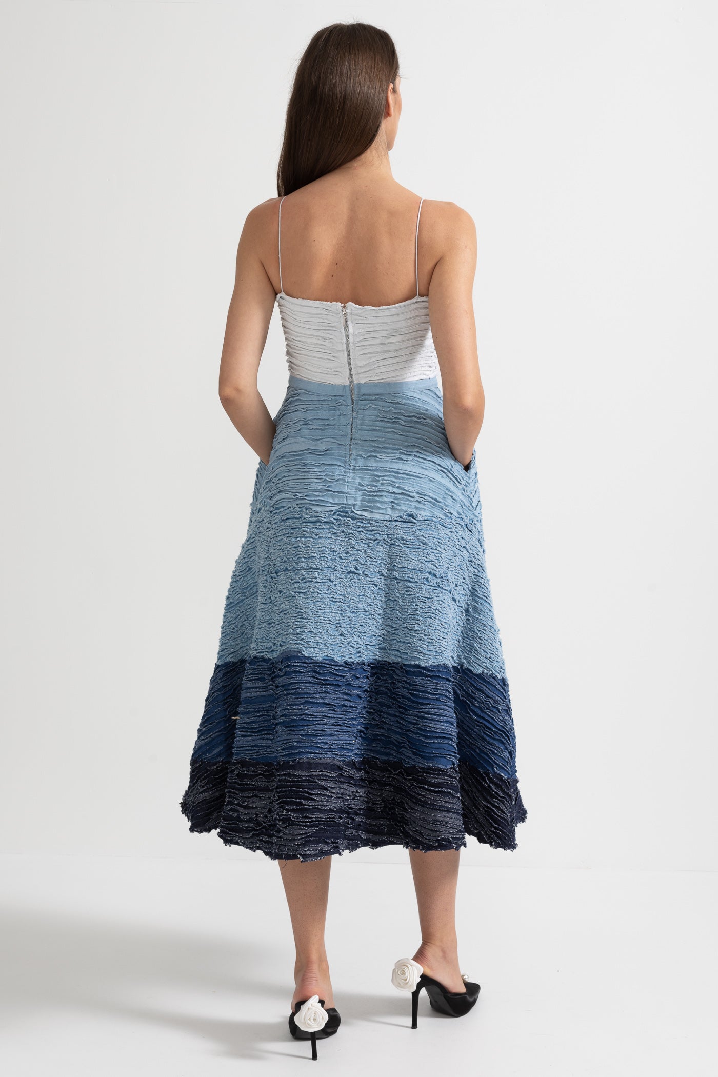 Rochie Midi Ombre cu Țesătură Stratificată Texturată - Alb/Blue