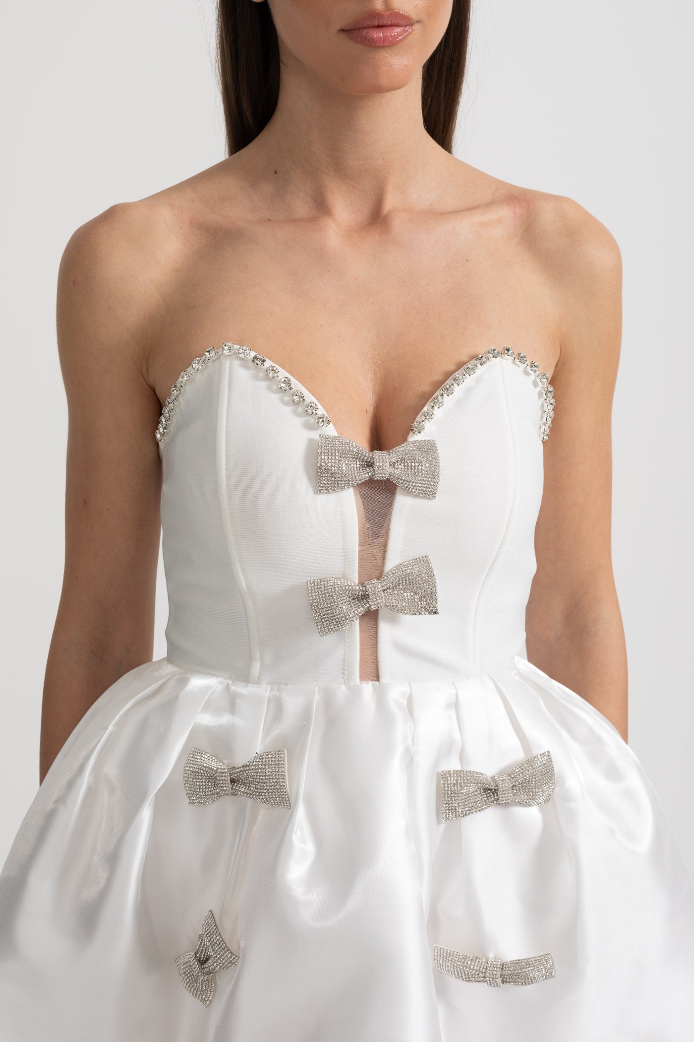 Strapless Mini Dress with Crystal Bow Embellishments - White