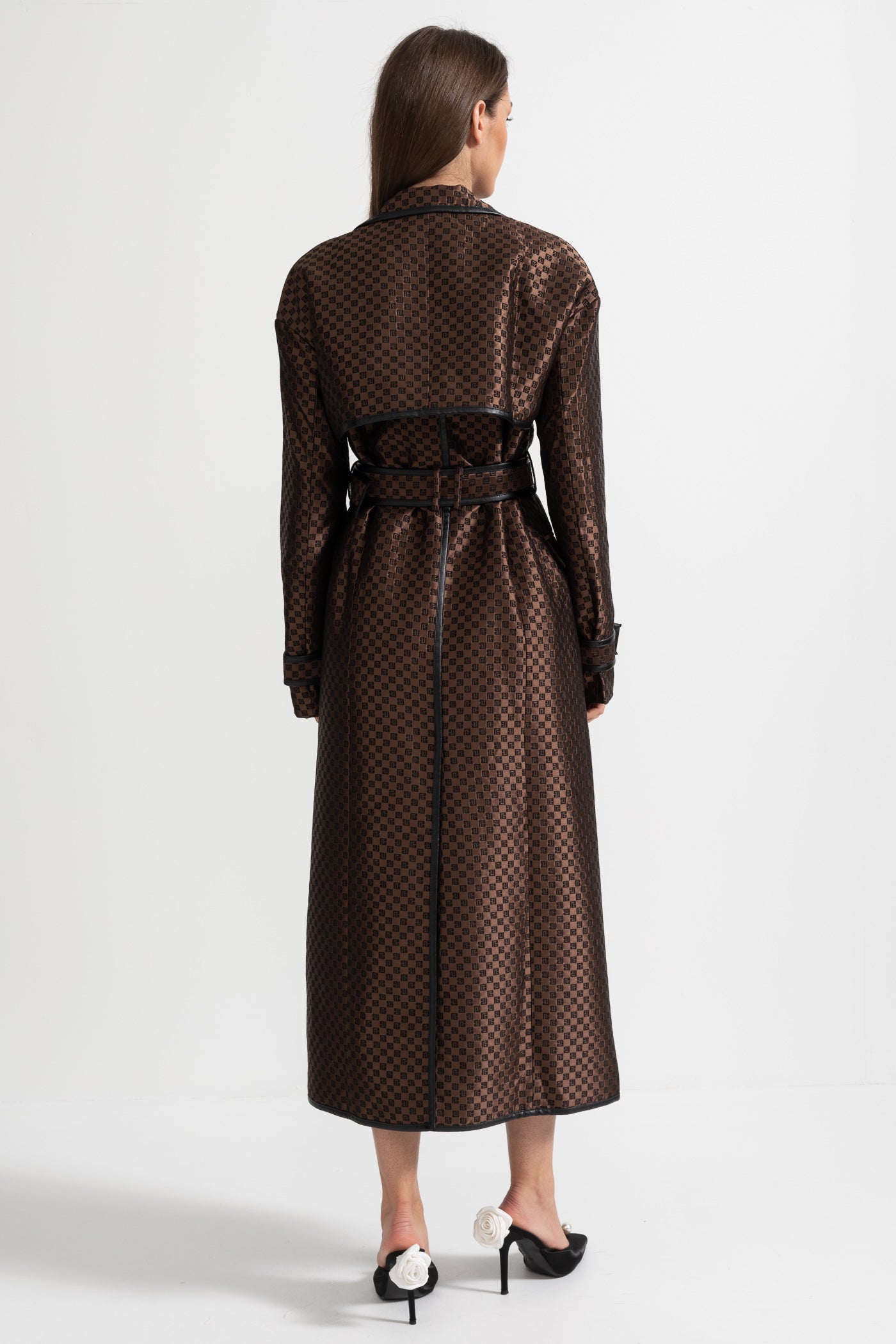 Jacquard Trench Coat With Gold Buckle Waist Belt - Brown