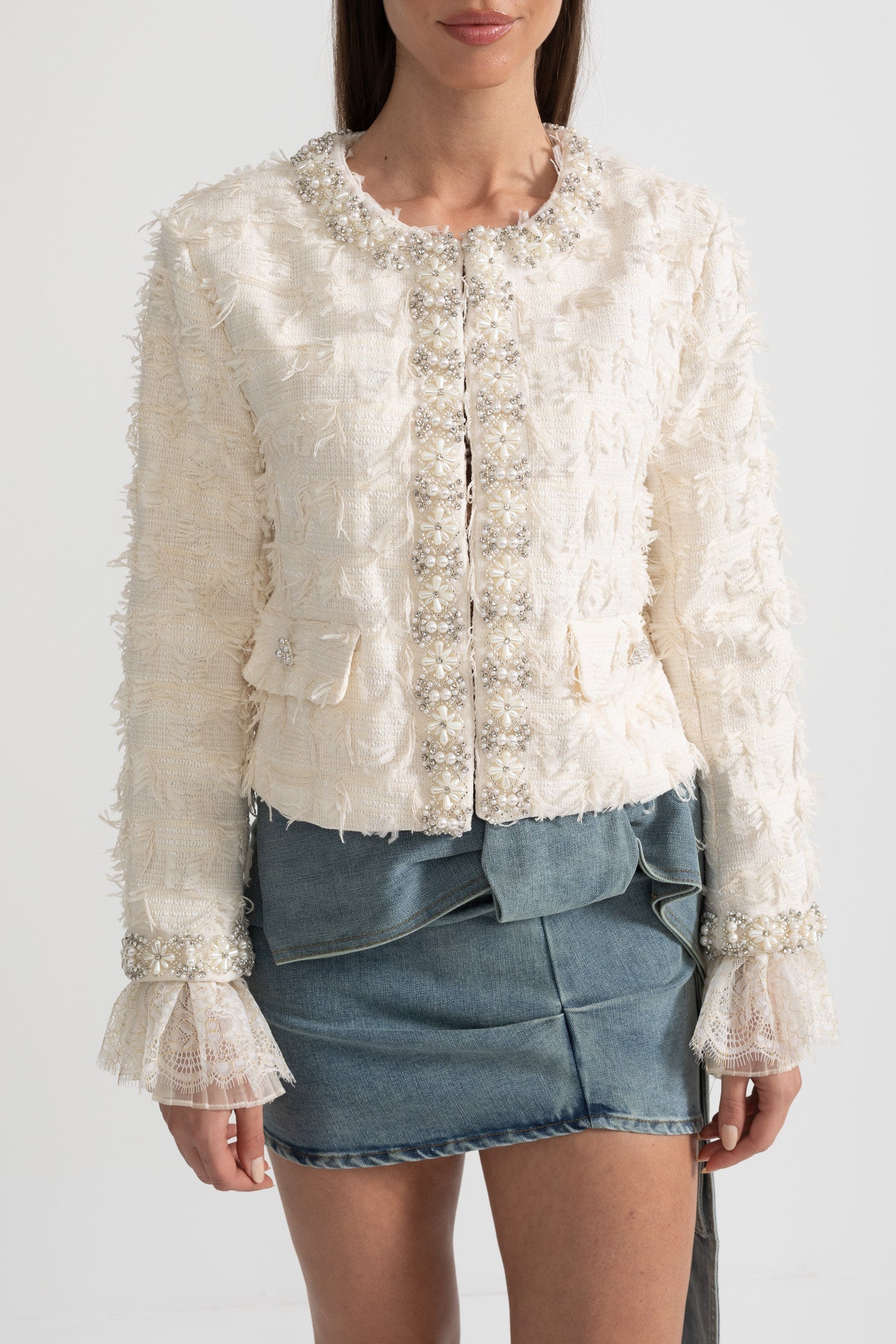 Textured Jacket Top with Pearl and Crystal Embellishments - Ivoire