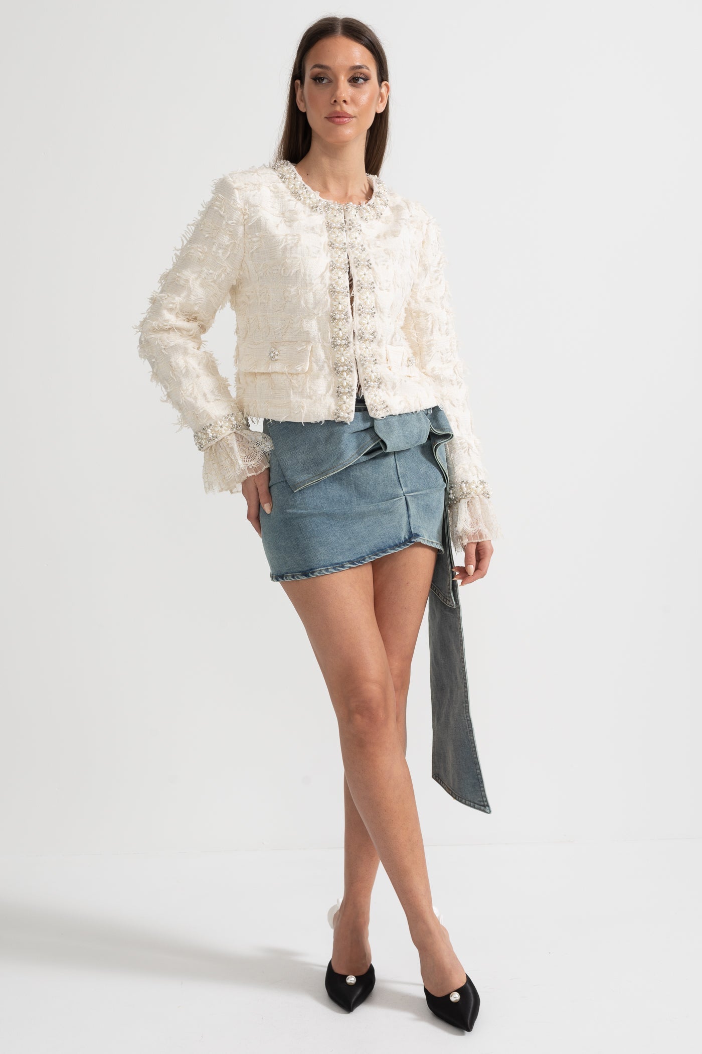 Textured Jacket Top with Pearl and Crystal Embellishments - Ivoire