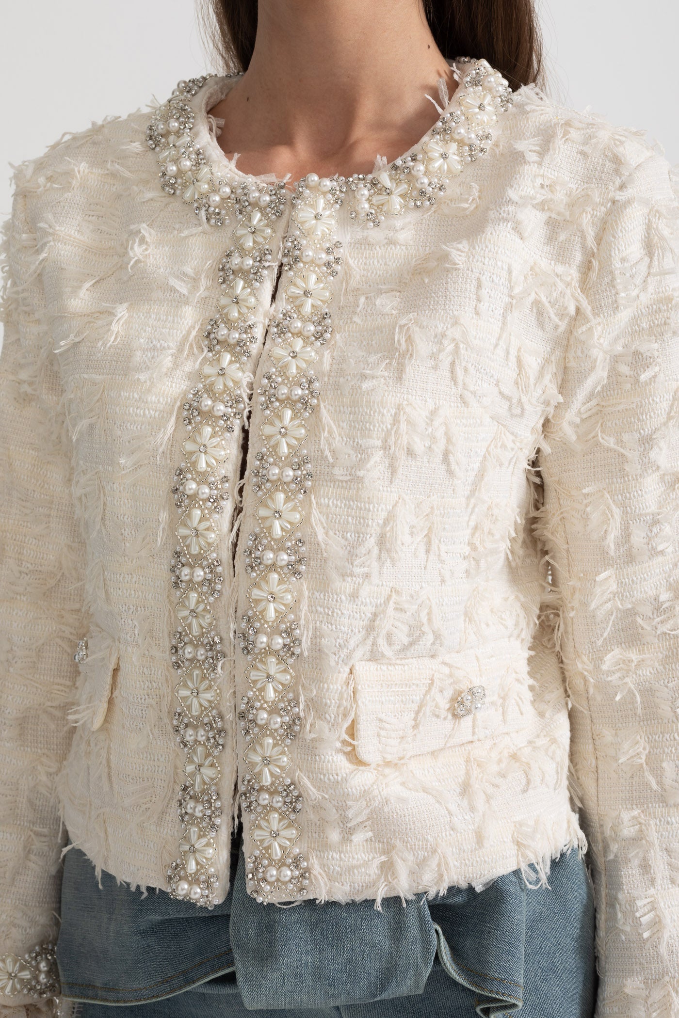 Textured Jacket Top with Pearl and Crystal Embellishments - Ivoire