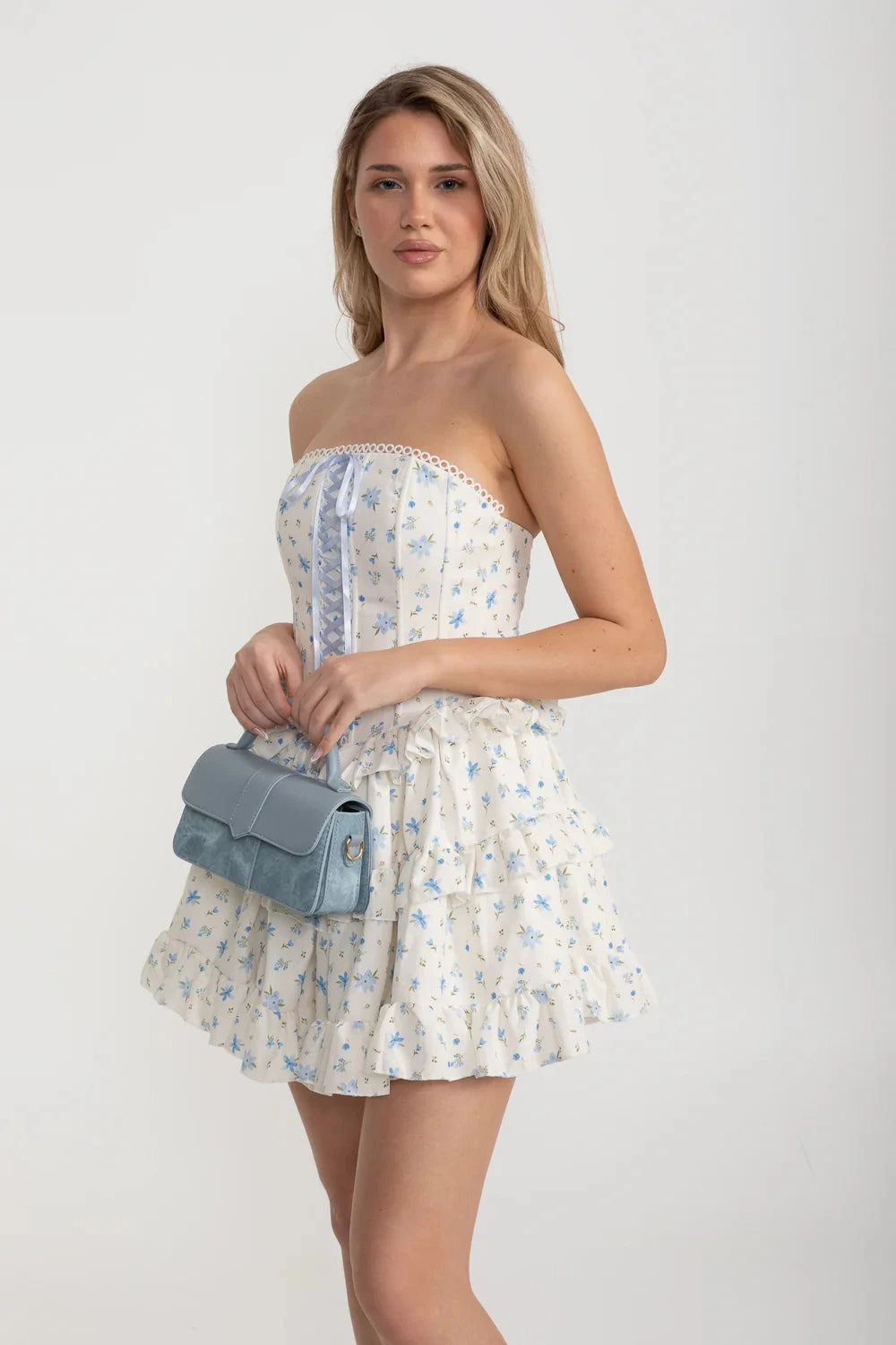 Rochie Mini Corset cu Detaliu de Șiret cu Panglică și Fustă Volanată Multistratificată - Alb/Blue