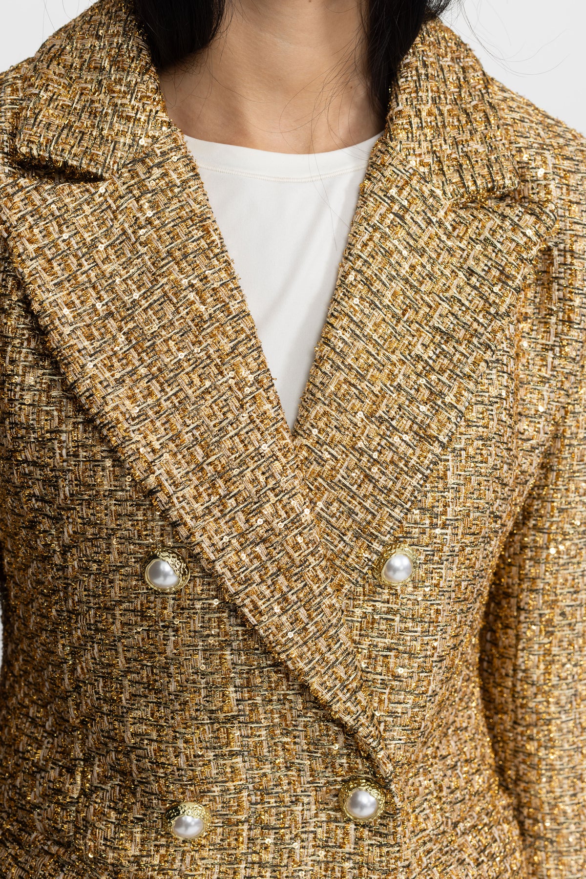 Metallic Tweed Double-Breasted Blazer with Pearl Buttons - Gold
