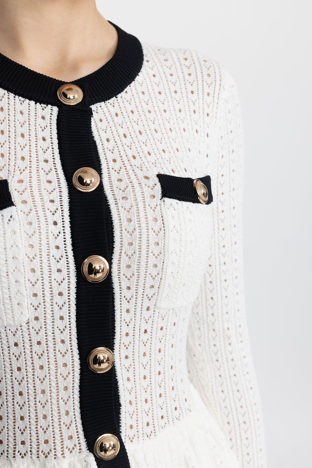 Pointelle Knit Peplum Mini Dress with Gold Buttons - White