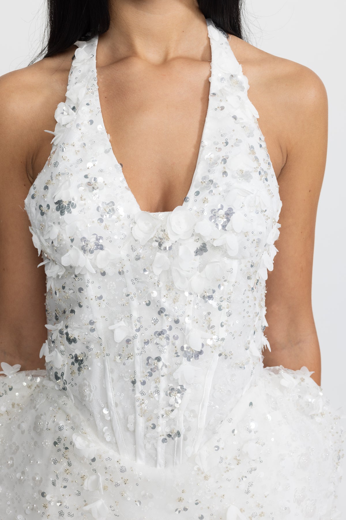 Sequin Flower Halter Corset Bubble Mini Dress - White