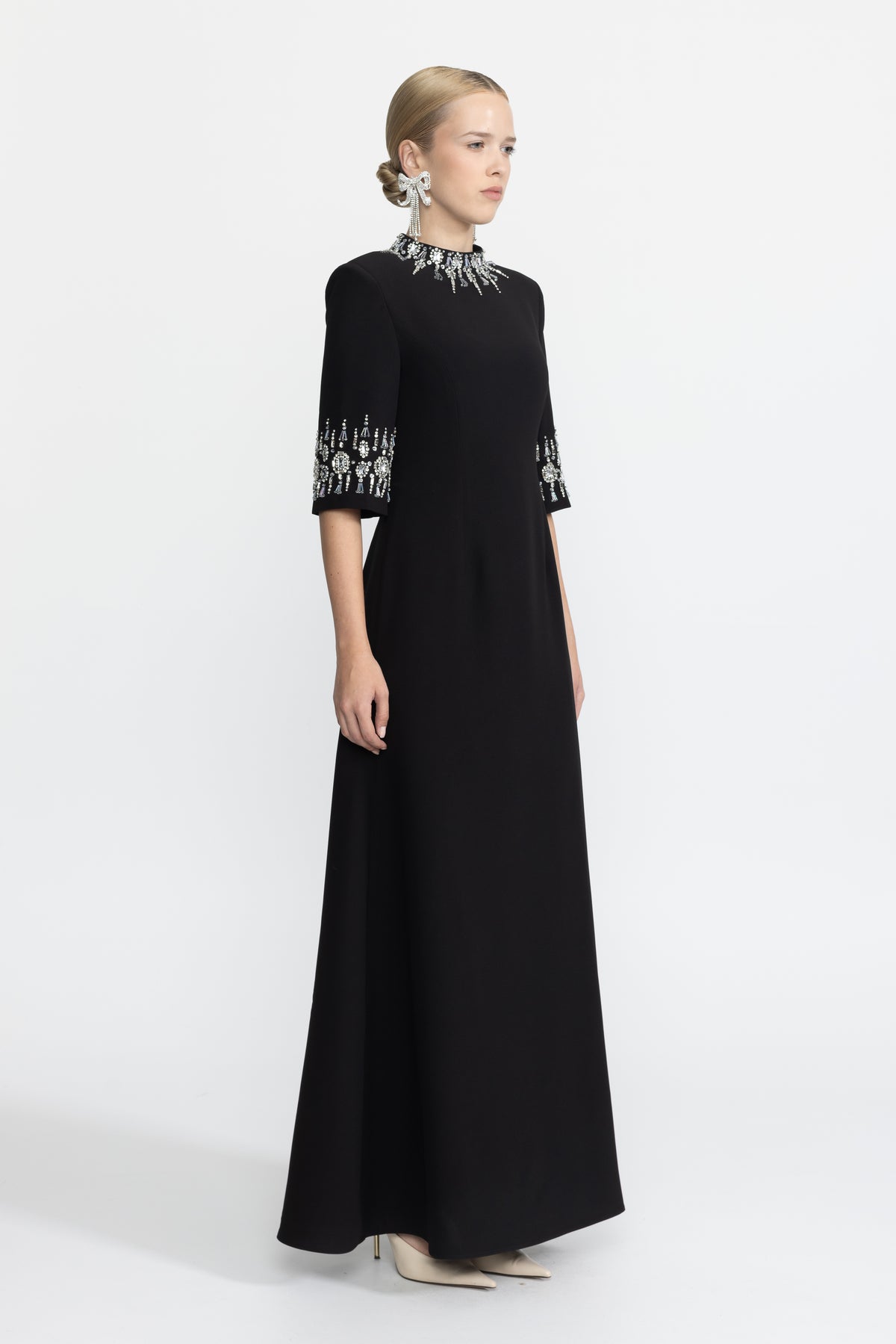 Crystal Embellished Collar and Cuff Maxi Dress - Black