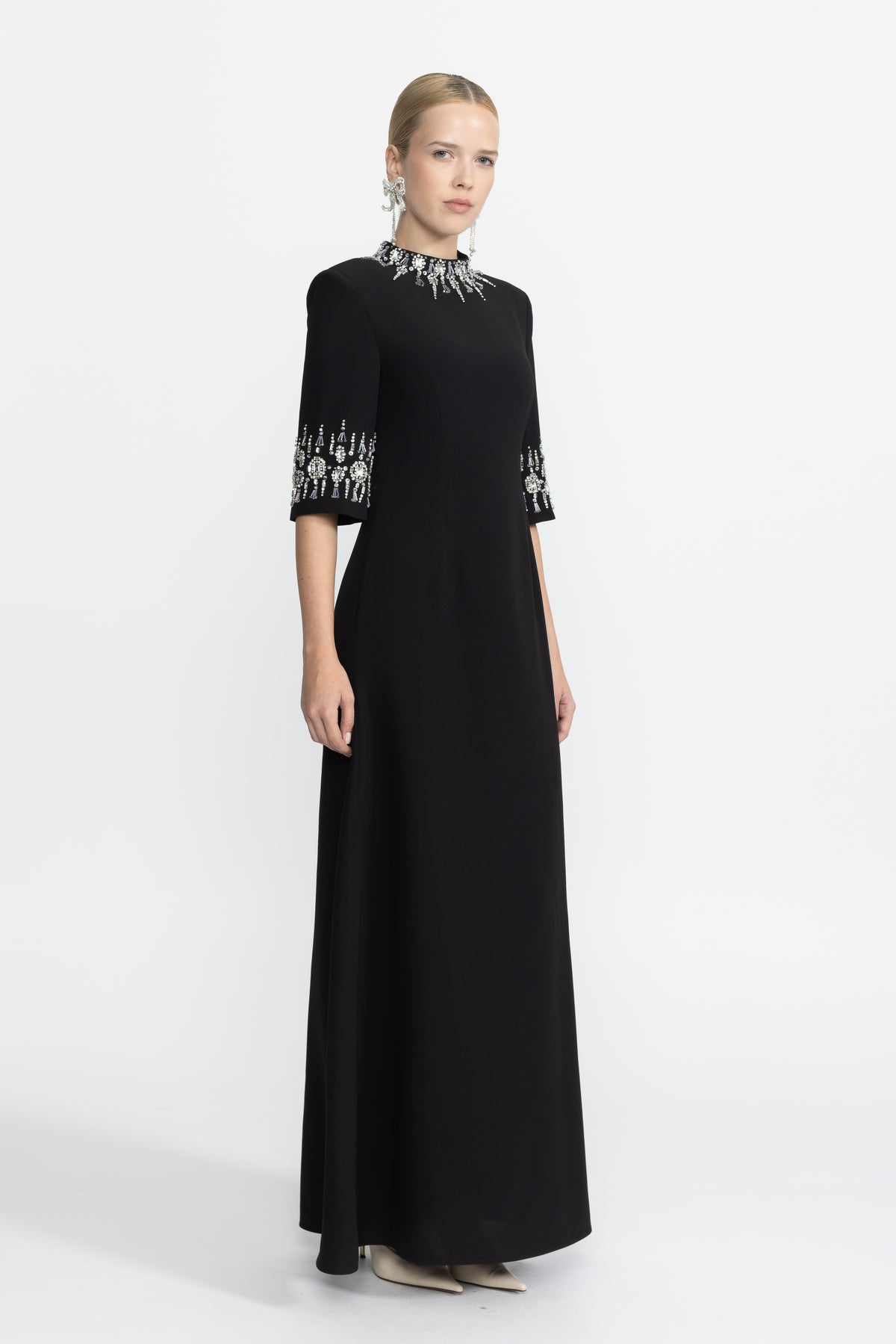 Crystal Embellished Collar and Cuff Maxi Dress - Black