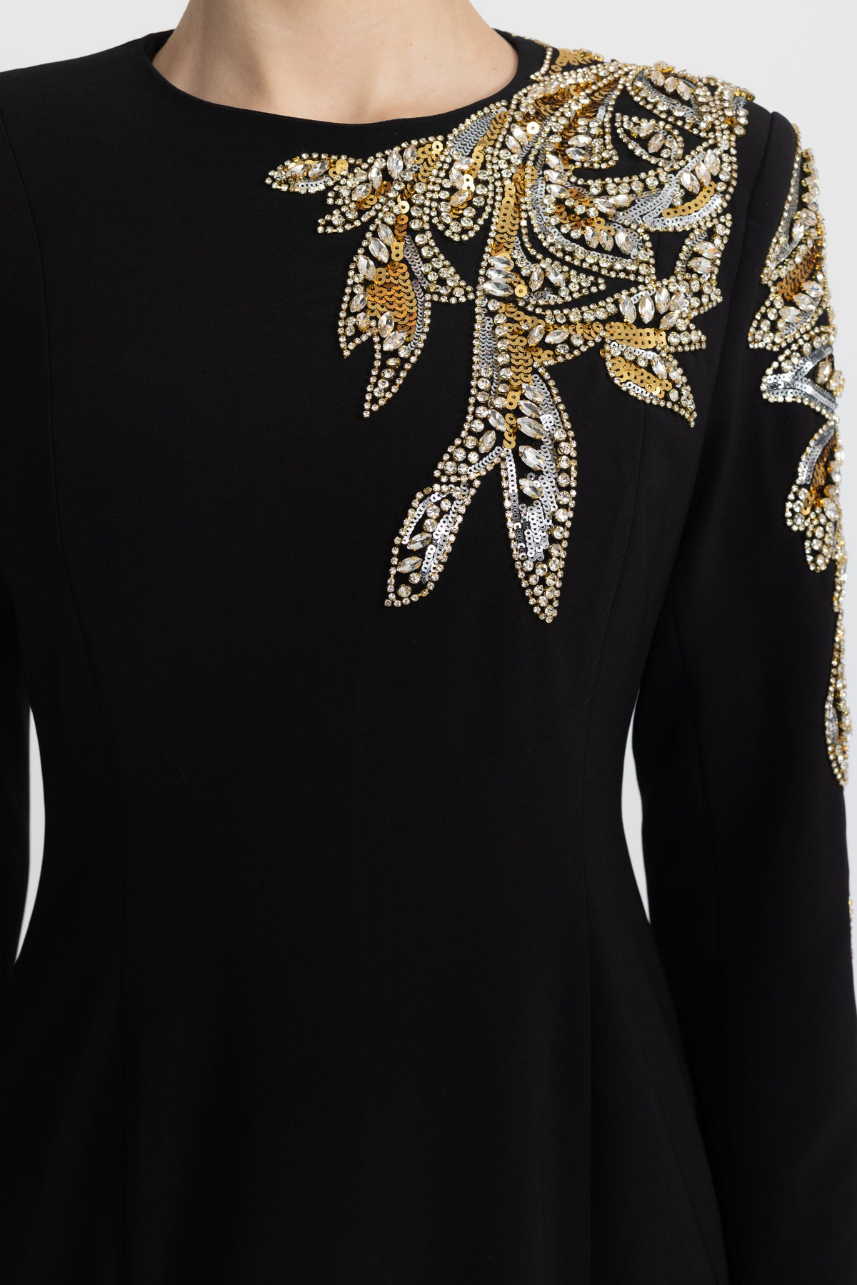 Crystal Leaf Embellished Long Sleeve Maxi Dress - Black