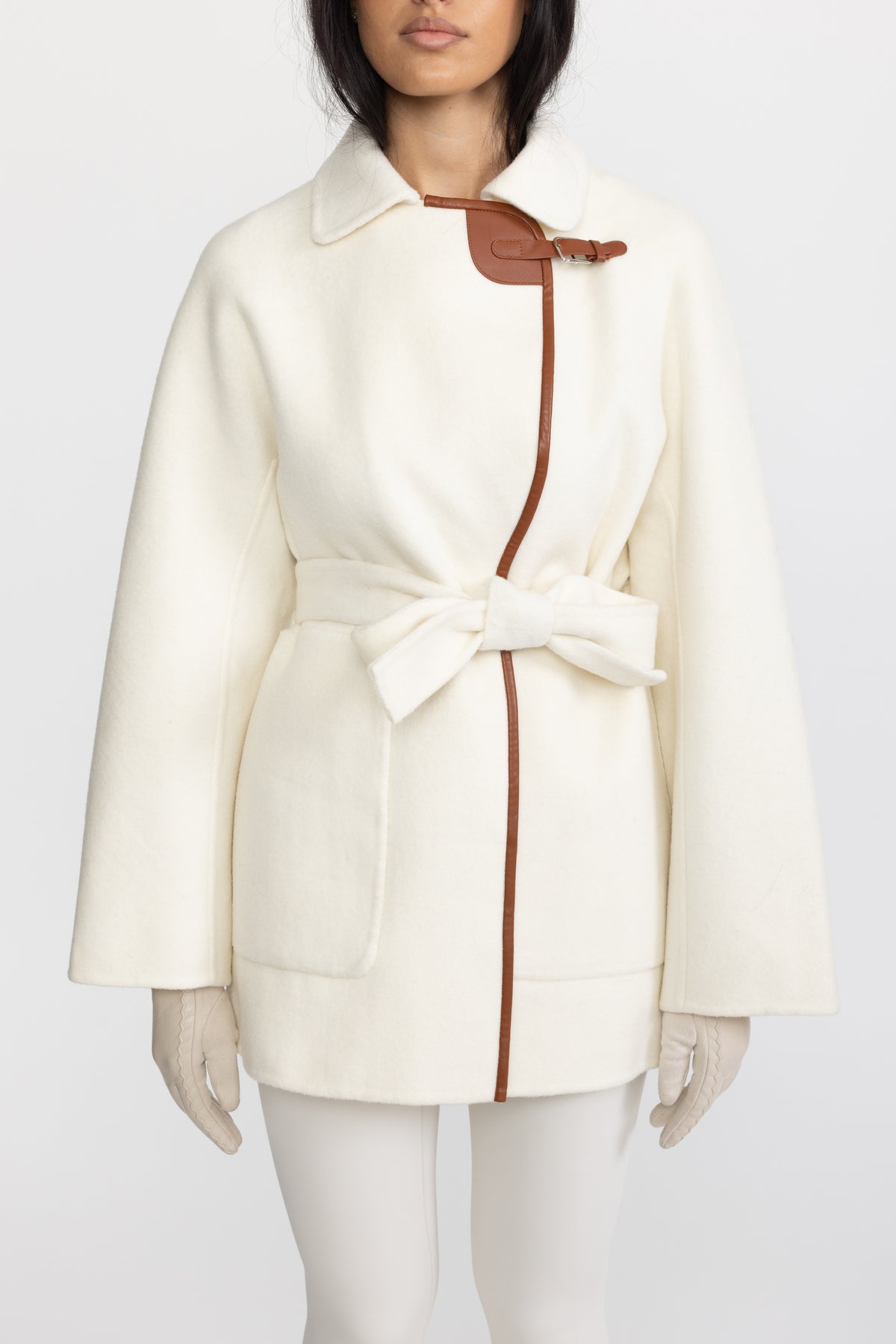 Faux Leather Trim Belted Wool Jacket - Off-White