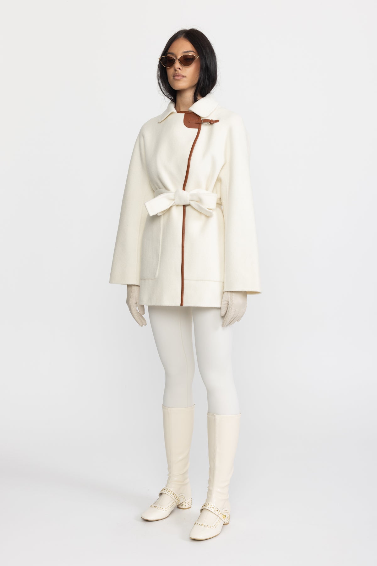 Faux Leather Trim Belted Wool Jacket - Off-White