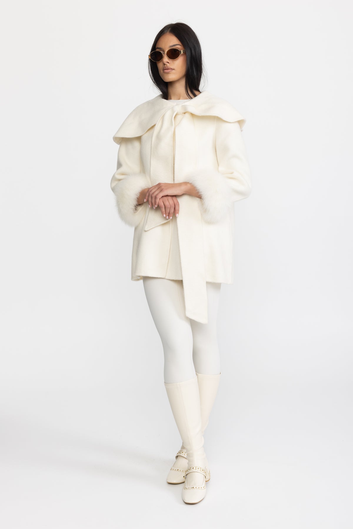 Capelet Collar Wool Jacket with Bow and Fur-Effect Cuffs - Ivoire