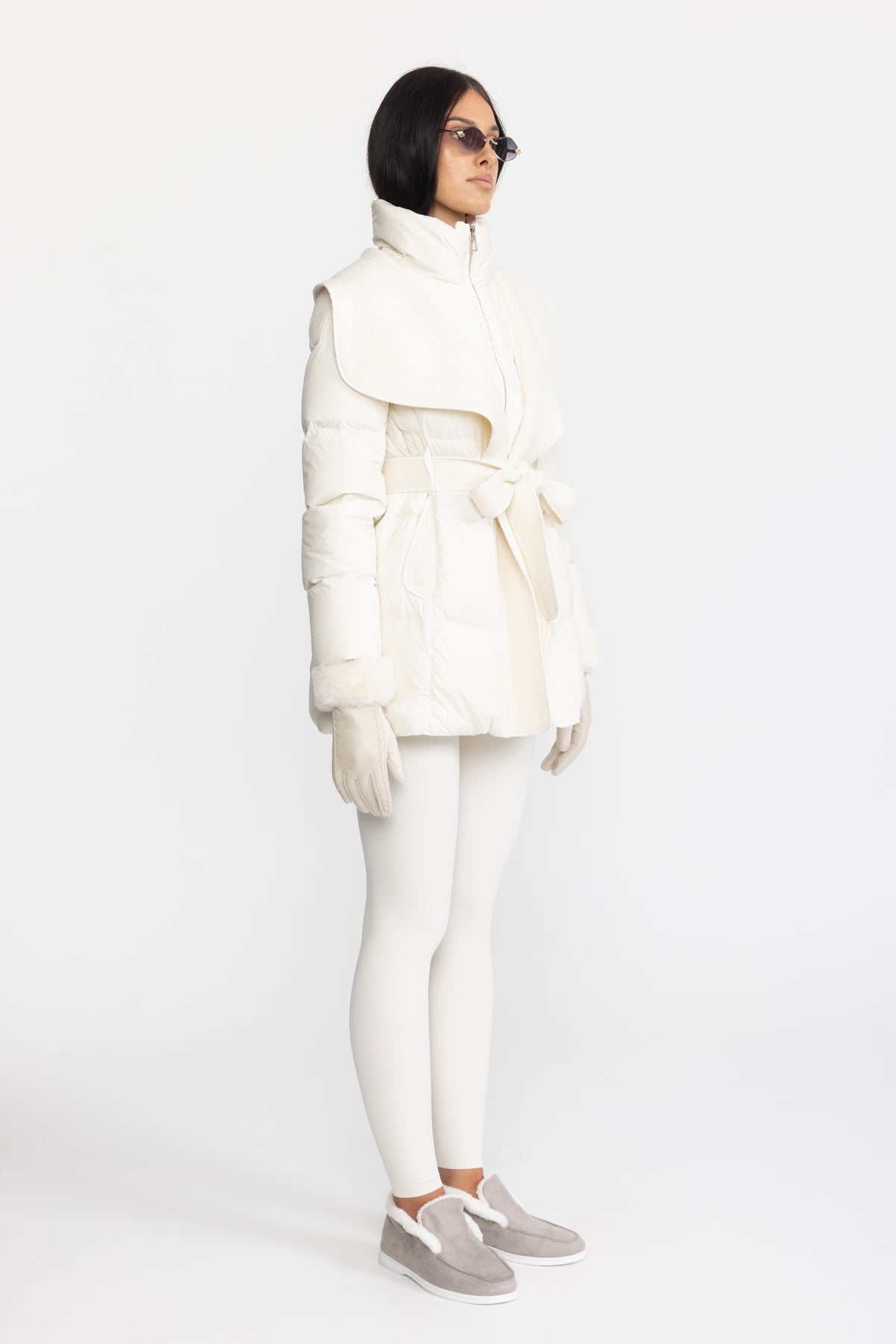 Draped Collar Belted Down Jacket with Plush Cuffs - Ivoire
