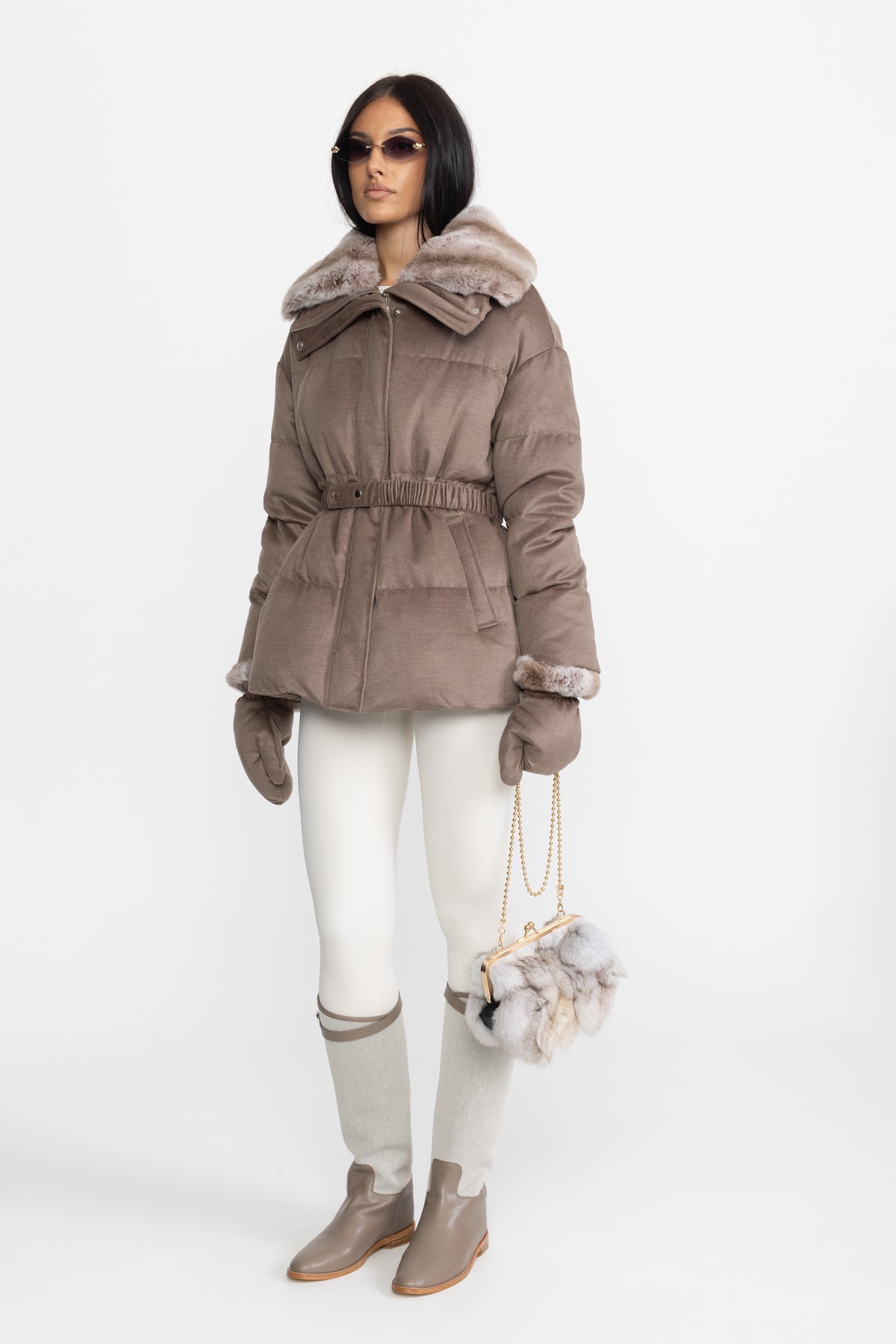 Rex Rabbit Fur Collar Cotton-Silk Down Jacket - Taupe