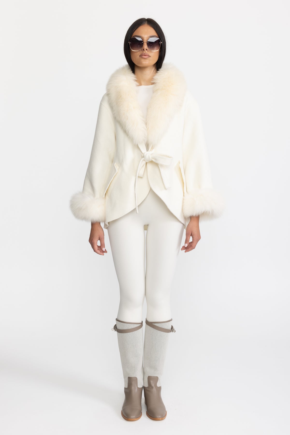 Palton din cașmir cu guler supradimensionat din blană de vulpe - Off White