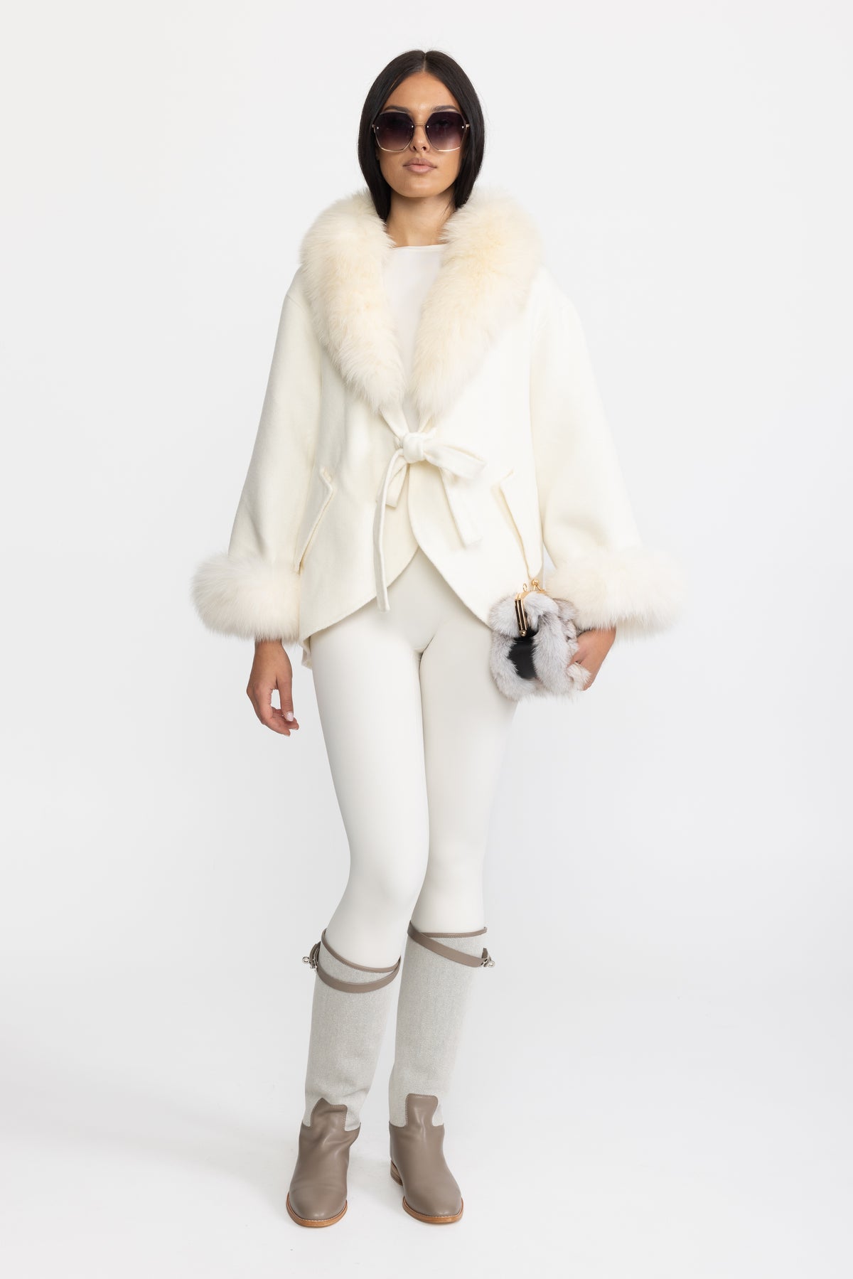 Palton din cașmir cu guler supradimensionat din blană de vulpe - Off White