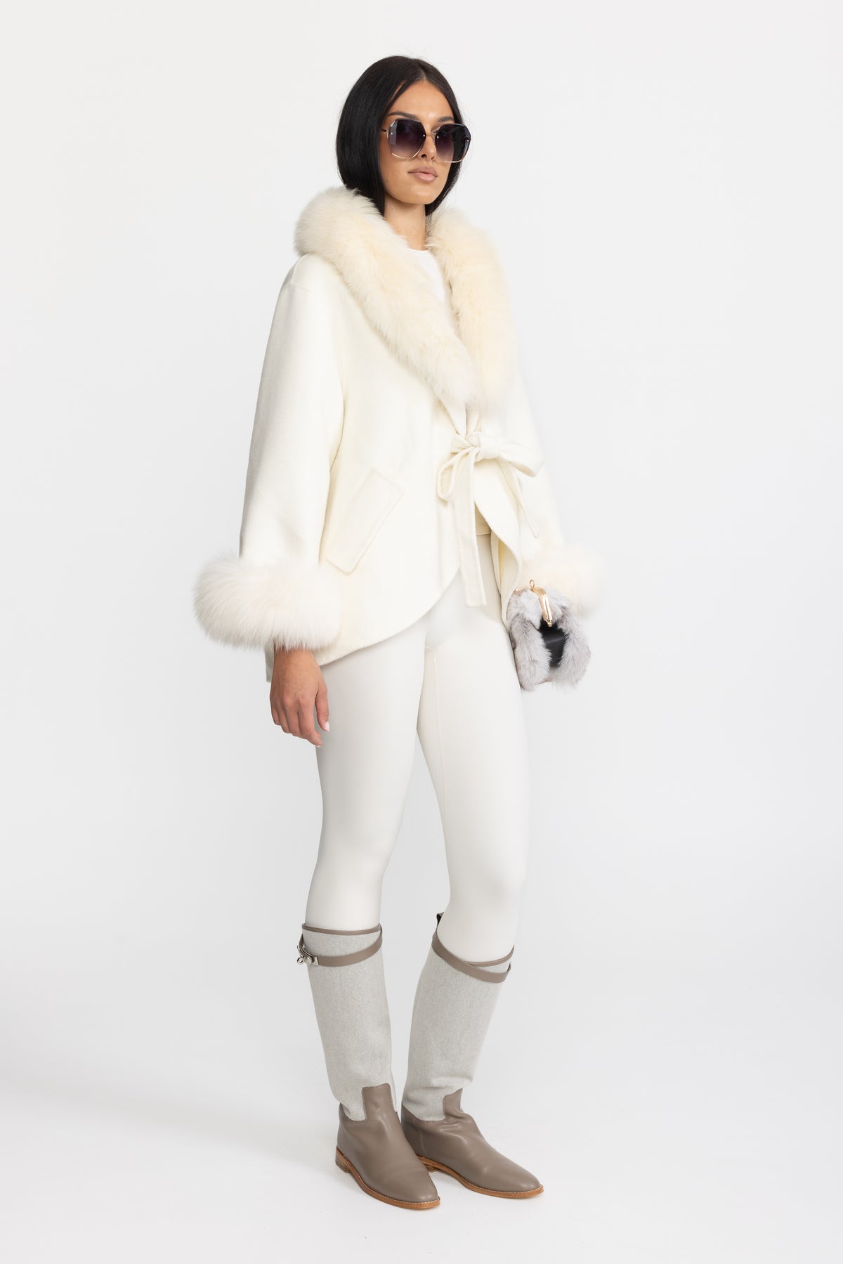Palton din cașmir cu guler supradimensionat din blană de vulpe - Off White